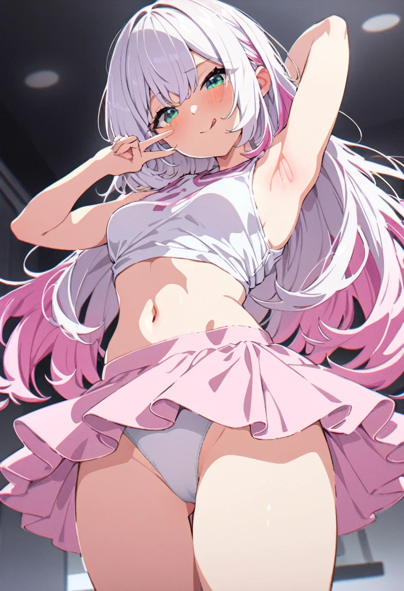 (masterpiece, highest quality:1.2), 1 girl, alone, standing splits pose, long hair, solid white tank top, pink fluffy skirt, blue-green eyes, medium breasts, exposed legs, black shoes, tongue out, winking, white knee socks, white panties, thick thighs, white hair, seductive smile, blushing, toned legs, toned stomach, smooth armpit, hand showing peace sign with fingers, dry clothes, multi-colored hair white and light pink, pink highlights on hair bottom half only, white bangs, solid color skirt