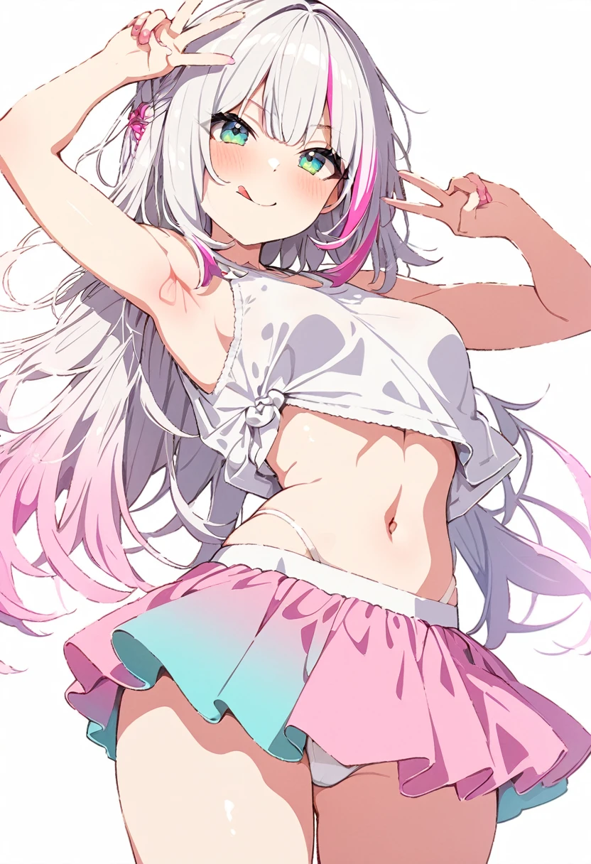 (masterpiece, highest quality:1.2), 1 girl, alone, standing splits pose, long hair, solid white tank top, pink fluffy skirt, blue-green eyes, medium breasts, exposed legs, black shoes, tongue out, winking, white knee socks, white panties, thick thighs, white hair, seductive smile, blushing, toned legs, toned stomach, smooth armpit, hand showing peace sign with fingers, dry clothes, multi-colored hair white and light pink, pink highlights on hair bottom half only, white bangs, solid color skirt