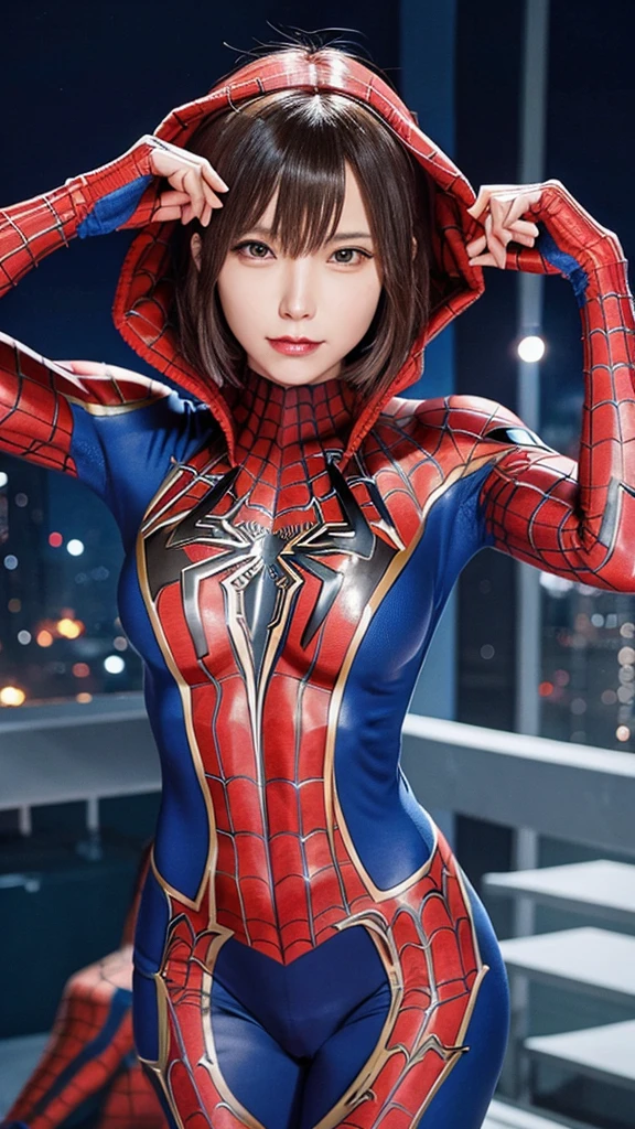 Detailed defined body of a beautiful woman with spiderman cosplay, Small breasts