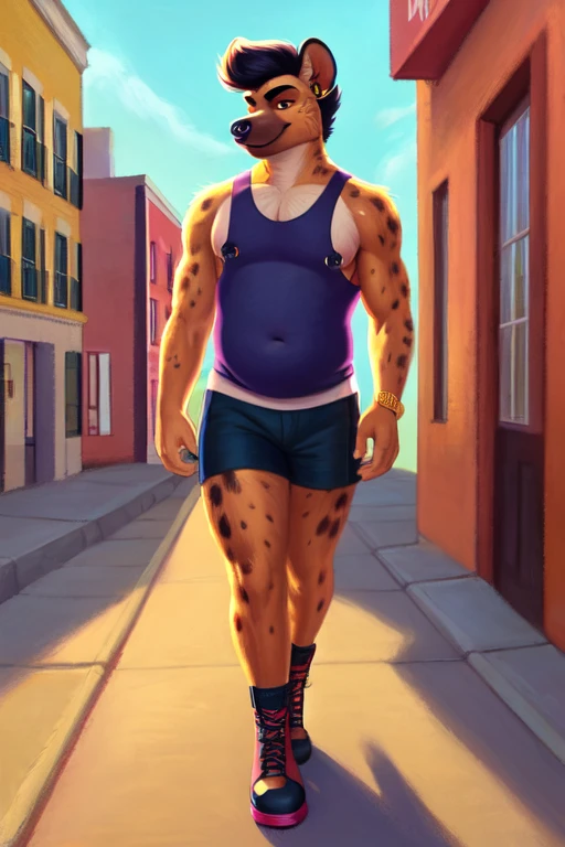 ((best quality)), ((masterpiece)), (detailed), perfect face, Furry, Anthropomorphic Spotted hyena, 25 years old, 6'1.5" and 190 lbs, 45" Chest, 53" Shoulders, 15" Biceps, 35" waist, 25" Thighs, 17" calves, 19" Back, Black hair, Pompadour hairstyle, Brown eyes, wearing navy blue sleeveless vest, wearing salmon colored tanktop, wearing deep necked string  tanktop, wearing muscle shirt, wearing black sweat shorts, wearing Doc Martens, Musclegut, stout physique, walking down city, location based on Annapolis, Maryland, Metropolitan statistical area, Maine, smirking, confident, strutting around town, Septum Piercing, Gold Nipple Ring, sdynamic lighting, perfect shading, soft shading, soft colors, vivid colors, pastel colors 
