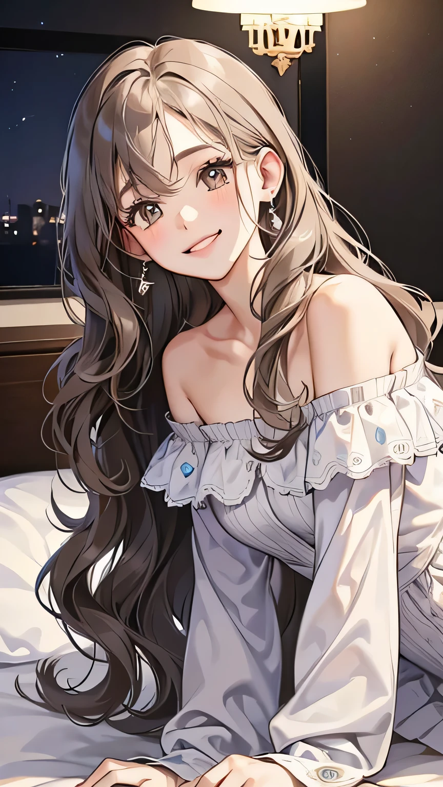 (night, Digital illustration, 4K, 8k, Ultra Detailed, beautiful images, clear image, perfect face, Perfect lines, Perfect eyes) 1 female, (In the bedroom, Gray long wavy hair, innocent expression, Look at the audience, side view ,Droopy eyes, Brown eyes, Innocence, Lovely, A gentle smile,27 years old:1.3, Embarrassing, Shy laugh:1.2), Off-shoulder tops , punching
