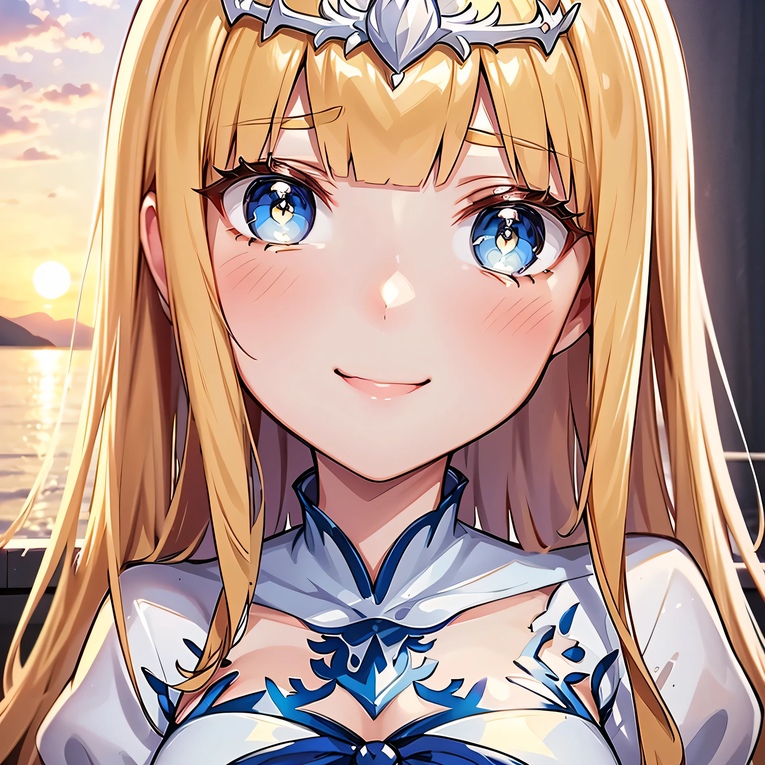 Best picture quality, 4k, Masterpiece, young girl, white historical coat, Greece, High quality, Highly detailed, HD, 4k, anime style, best quality, high resolution, unity wallpaper 8k, illustration, perfect light, Very detailed CG, Beautifully detailed eyes, Very detailed face, delicate facial features, 1 girl, Calcutta, blonde hair, My hair is very long., white crown, The crown on her head, white dress, blue eyes, Medium bust, holy kingdom background, white castle, White fence, dignified posture, Whitening & gentle skin, young, Smiling happily at the audience, cute feeling, Blush, Excellent posture, Orange sky and white clouds, sunset, White Rose, silver tiara, tiara on her head
