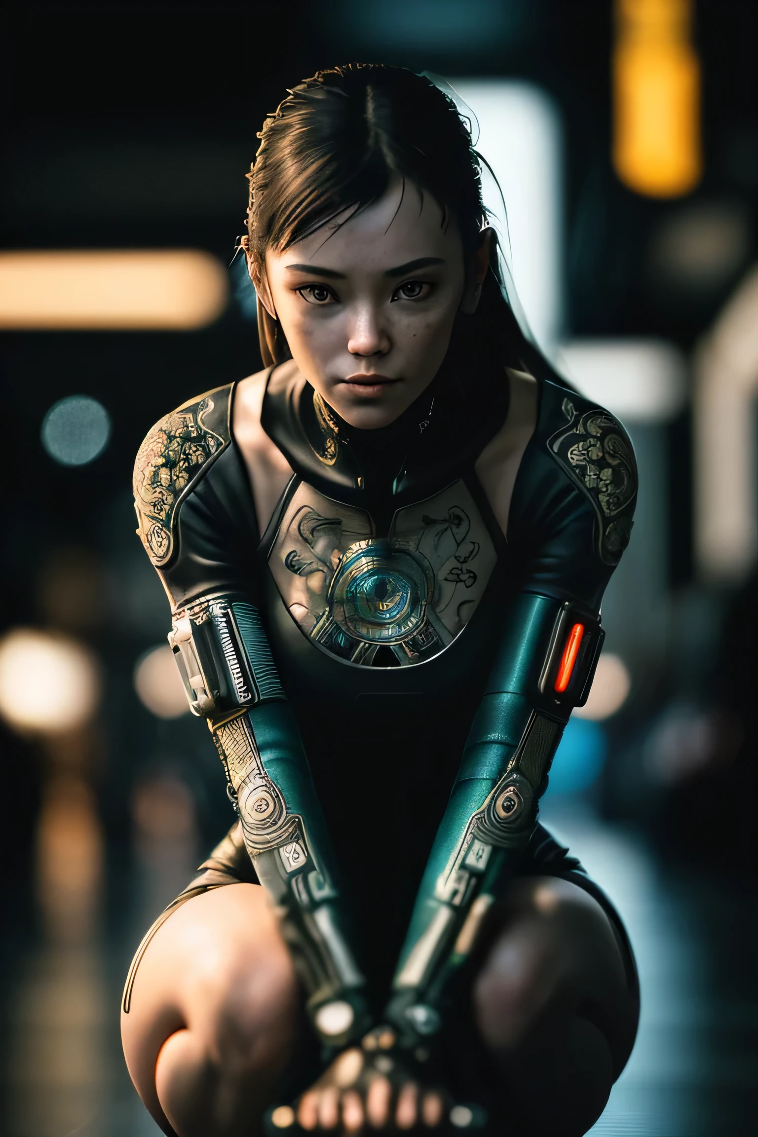 (masterpiece), (extremely intricate:1.3), (realistic), a girl, (cyberpunk), (dynamic perspective), the most beautiful in the world, (crouch down), indoors, caferacer, Aomori, Haifa, smirk, port, professional photograph of a stunning woman detailed, sharp focus, dramatic, award winning, cinematic lighting, octane render unreal engine, volumetrics dtx, (film grain, blurry background, blurry foreground, bokeh, depth of field)