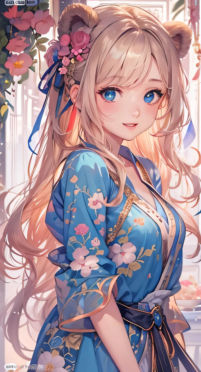 ((highest quality)), ((masterpiece)), (Get used to it), Perfect Face , masterpiece、highest quality、High resolution、High-quality images、8k, 1 female、Skin Radiance、Texture of skin and clothing、Expression of fine eyes、Shiny bright golden hair,Girl with long braided hair, Manga inspired by Lee Jong-suk, Trending on deviantart, realism, detailed manga style, Manga art style, Perfect Line Drawing, Beautiful line art, digital manga art girl, K-POPアイドル, Beautiful Blue Eyes, Fuller lips, Gorgeous face with attention to detail, (Cute Smile), charm, Innocent, Side view, (Perfectly detailed face), (Beautiful Hands) Photorealistic images, Written boundary depth, 20th Generation ,beautiful girl , Bear ears , Mokomoko's clothes , big breasts , protruding shoulders , I can see her cleavage , Bear , There are many flowers in the background ,