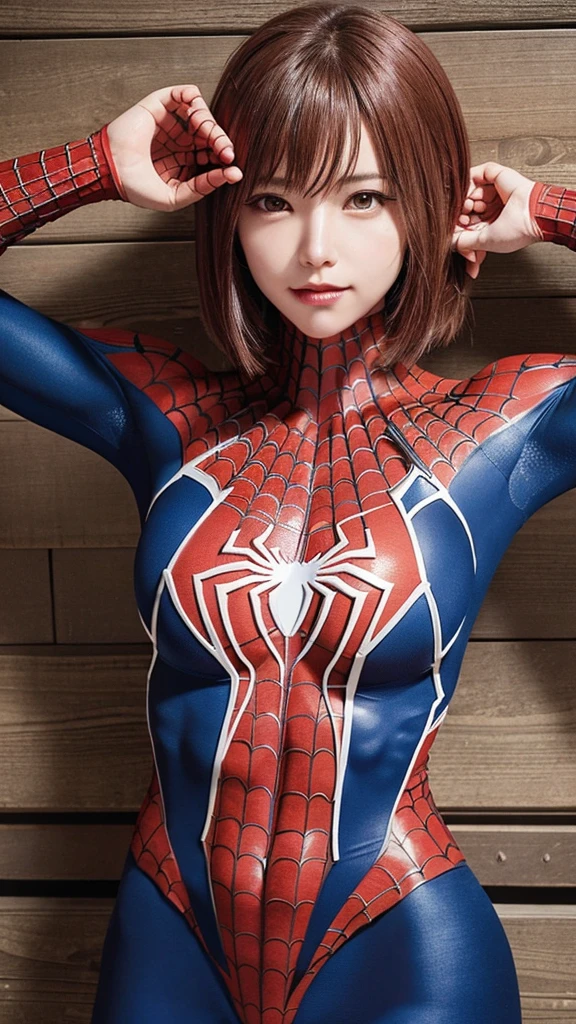 Detailed defined body of a beautiful woman with spiderman cosplay, Small breasts,Natural Photography