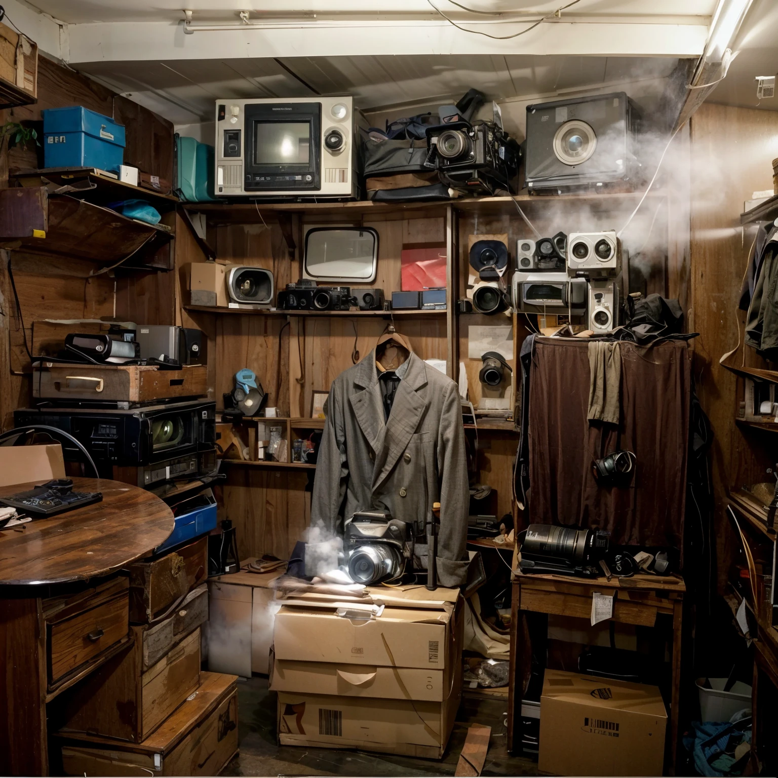 1950's A dusty storage room,Various shooting equipment are neatly placed in the room(1950's camera、video recorder),There are boxes all over the floor(Some are filled with clothes、document、camera、book),Looks like it's been taken care of carefully,Now it looks like a forgotten studio。