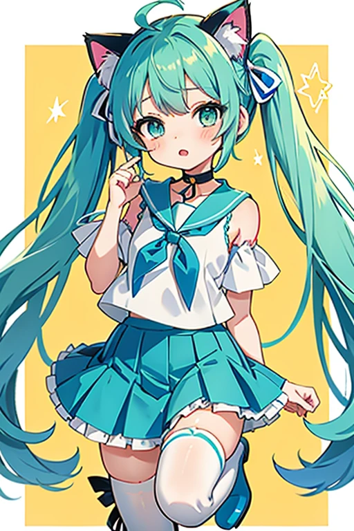 mmasterpiece, highest quality, High resolution, Absurd,
One girl,
6 year old girl, One girl, (Light_bow, flow), (âœ¨,â¤:1.2), Cat ear, Animal ears, Twin tails, Sleeveless sailor suit, white ruffle skirt, Off the shoulder, (Blue eyes and green eyes:1.4), Knee-high boots ,Blue Ribbon,Cat ear, Animal ears, Hatsune Miku's hairstyle, Sleeveless sailor suit, white ruffle skirt, (ブルー Off the shoulder ジャンパー:1.2), Knee-high boots, Blue Ribbon, cute,cute, Choker with one star keychain,