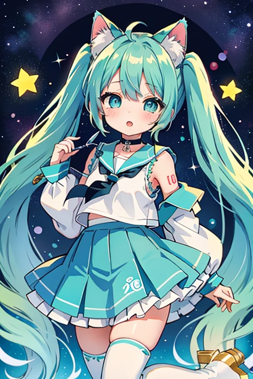 mmasterpiece, highest quality, High resolution, Absurd,
One girl,
6 year old girl, One girl, (Light_bow, flow), (âœ¨,â¤:1.2), Cat ear, Animal ears, Twin tails, Sleeveless sailor suit, white ruffle skirt, Off the shoulder, (Blue eyes and green eyes:1.4), Knee-high boots ,Blue Ribbon,Cat ear, Animal ears, Hatsune Miku's hairstyle, Sleeveless sailor suit, white ruffle skirt, (ブルー Off the shoulder ジャンパー:1.2), Knee-high boots, Blue Ribbon, cute,cute, Choker with one star keychain,