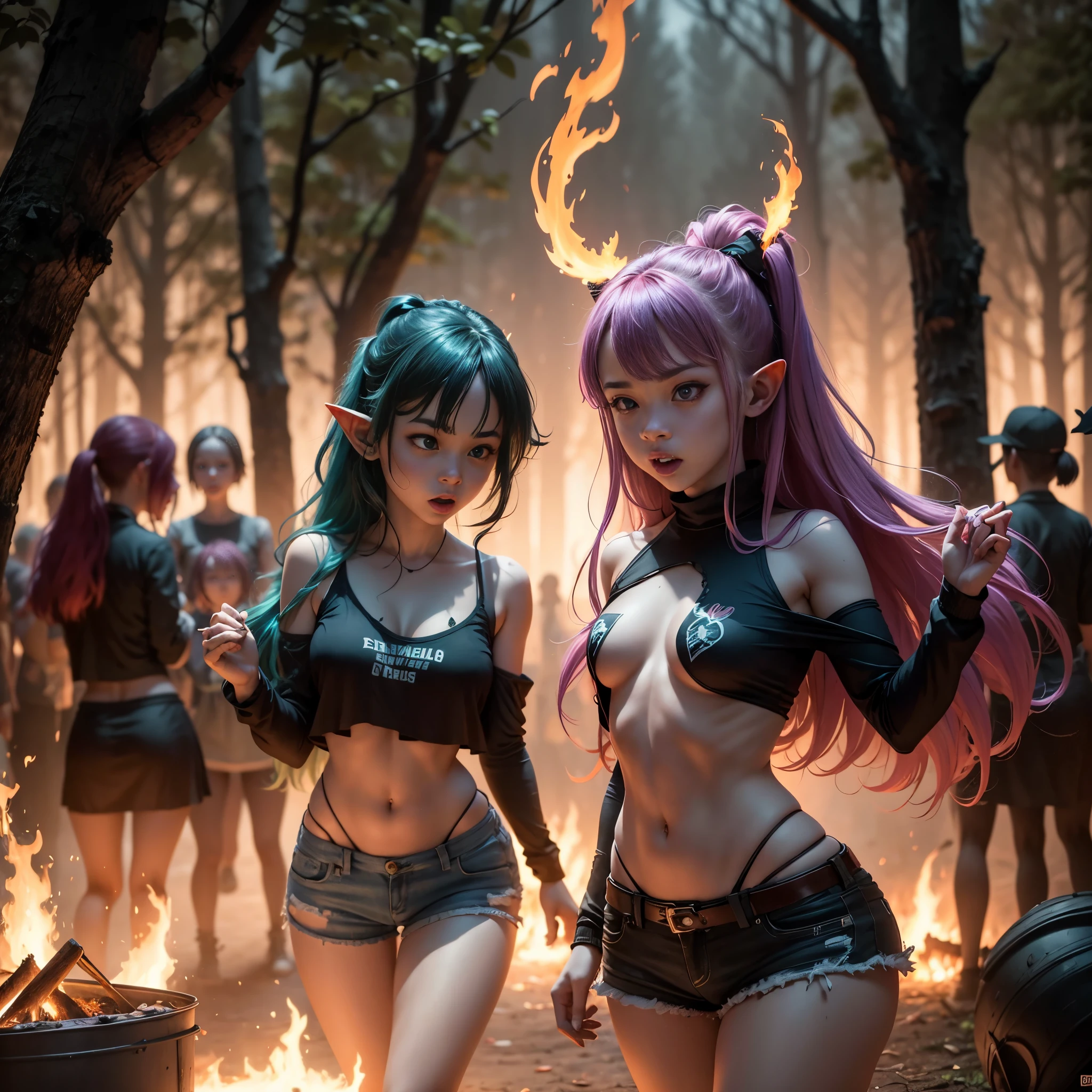 (best quality, highres, realistic), 1 large wild and crazy goblin college girl with small tops, daisy dukes, and rainbow hair is passionately dancing seductively with 2 other goblin college girls around a blazing campfire. The atmosphere is filled with intense horror and arousal as the girls move their bodies in a lewd manner. The goblin college girls' eyes gleam with excitement and mischief, drawing everyone's attention. The scene is illuminated by the flickering flames, casting eerie shadows on the surrounding trees. The girls' movements are accompanied by rhythmic music, amplifying the thrilling and chaotic ambiance. The girls' hair is vibrant and colorful, resembling a rainbow in the darkness. The setting exudes a sense of wildness and rebellion, with scattered beer cans and discarded tailgate  accessories strewn across the ground. The goblin college girls' provocative dance moves push the boundaries of societal norms, enthralling and shocking those who witness their performance. The overall color tone is dark and intense, emphasizing the horror aspect of the scene. The campfire's glow highlights the goblin college girls' alluring features, contributing to the eerie atmosphere.