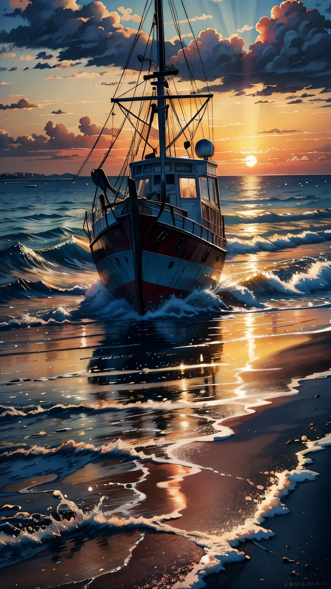 watercolor painting sunset, high tide, golden sand, calm sea, colored clouds, rays of light break through the clouds, in the reflection of light on the water, a sailing boat is a fish, the sea shimmers with bright colors . vibrant, beautiful, painterly, detailed, textural, artistic