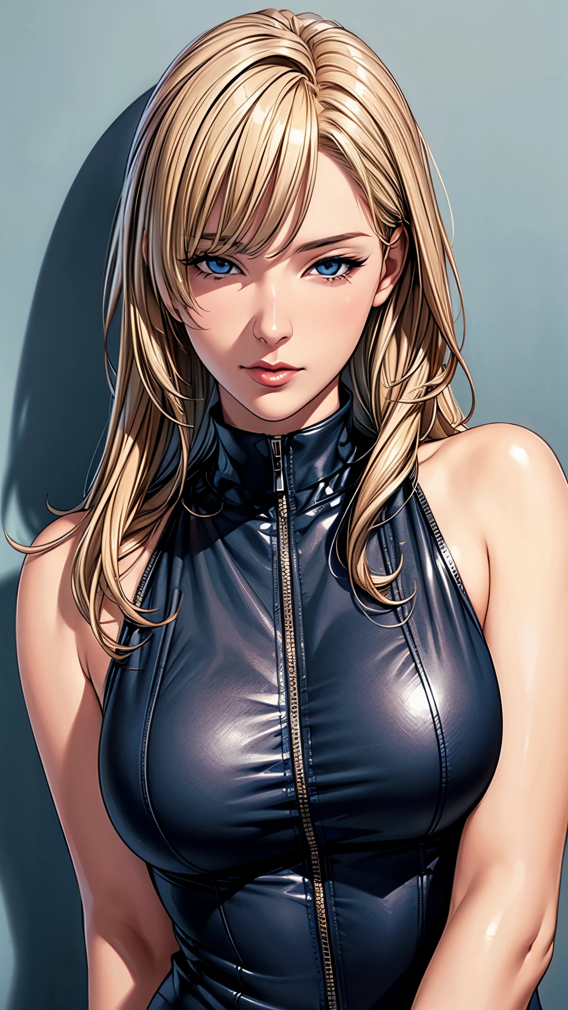 (best quality, high resolution), portrait, Upper Body, Cool adult woman, Long hair, Side Bangs, Blonde hair, blue eyes, turtleneck zipper vest, Split collar, Gorgeous lingerie, Large Breasts, Plain Wall, Super detailed CG,
 