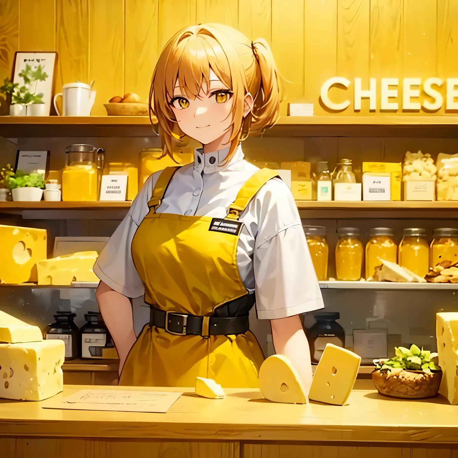 8K,top quality, masterpiece, selling large quantities of cheese,light smile, Yellow background, yellow shelves, a sign that says cheese on the back wall, a yellow shop a woman standing at a yellow counter, wearing a yellow uniform Looking towards me, short yellow hair, yellow eyes