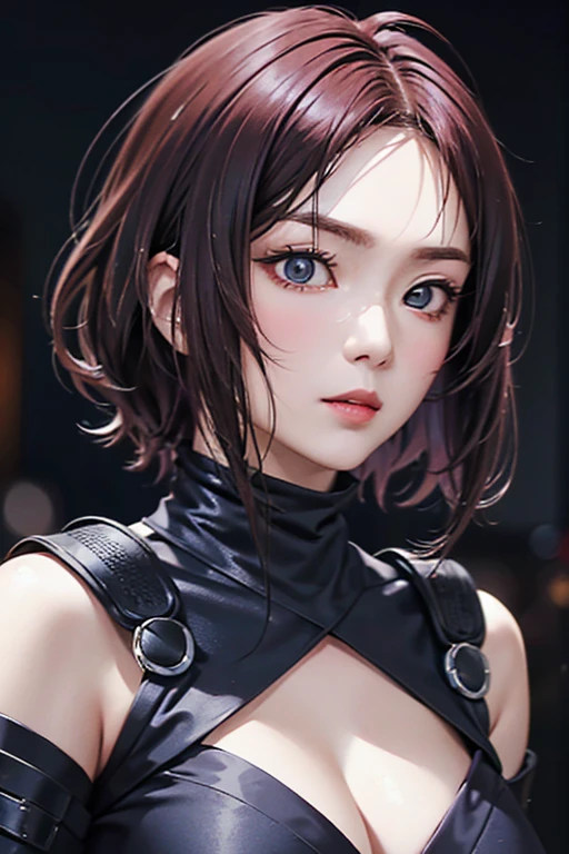 (Finest quality)),(超A high resolution),(ultra-detailled art),(Meticulous portrayal),((Best Anime)),(Finest works of art),sharpness,Clair,Ultra-Precision Art,The art of astounding depiction, (Female Ninja in the Dark:1.3), maroon hair, extremely detailed hair, short hair, bangs, beautiful eyes, detailed eyes, green eyes, beautiful lips, soft lips, clear skin, soft skin, ninja outfit, looking at camera, pretty face, close up face, ninja armor, female ninja suit, reveal shoulders, show cleavage