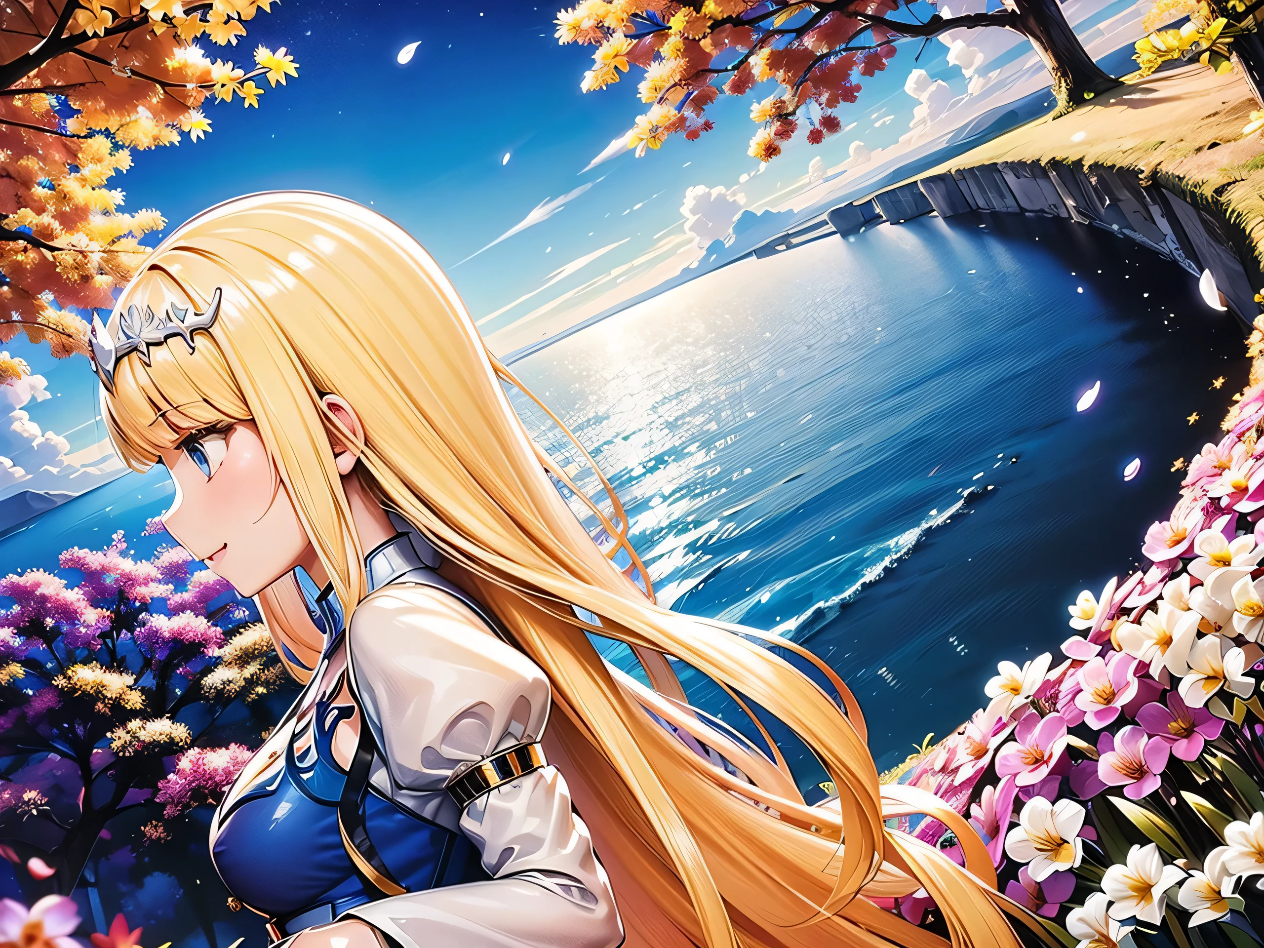 (hight resolution、ultra-detailliert、movie)、solo、1girl in、Happiness、Orchids on the sides、Girl around orchid petals、A charming smile、full body Esbian、、facing front、Fantasia、Official art、pop-art、profile、hyperdetailed face、ultradetailed eyes、Orchid Garden、Ultra Detailed Fields、White blue sky、 shuicolor、blanche、Nebulae in the sky、Landscape of autumn leaves、watercolor paiting、PastelColors,  1girl,solo, Calca, Calca Bessarez, blonde hair, extremely long hair, very long hair, white tiara, silver tiara, white dress, blue eyes, medium chest