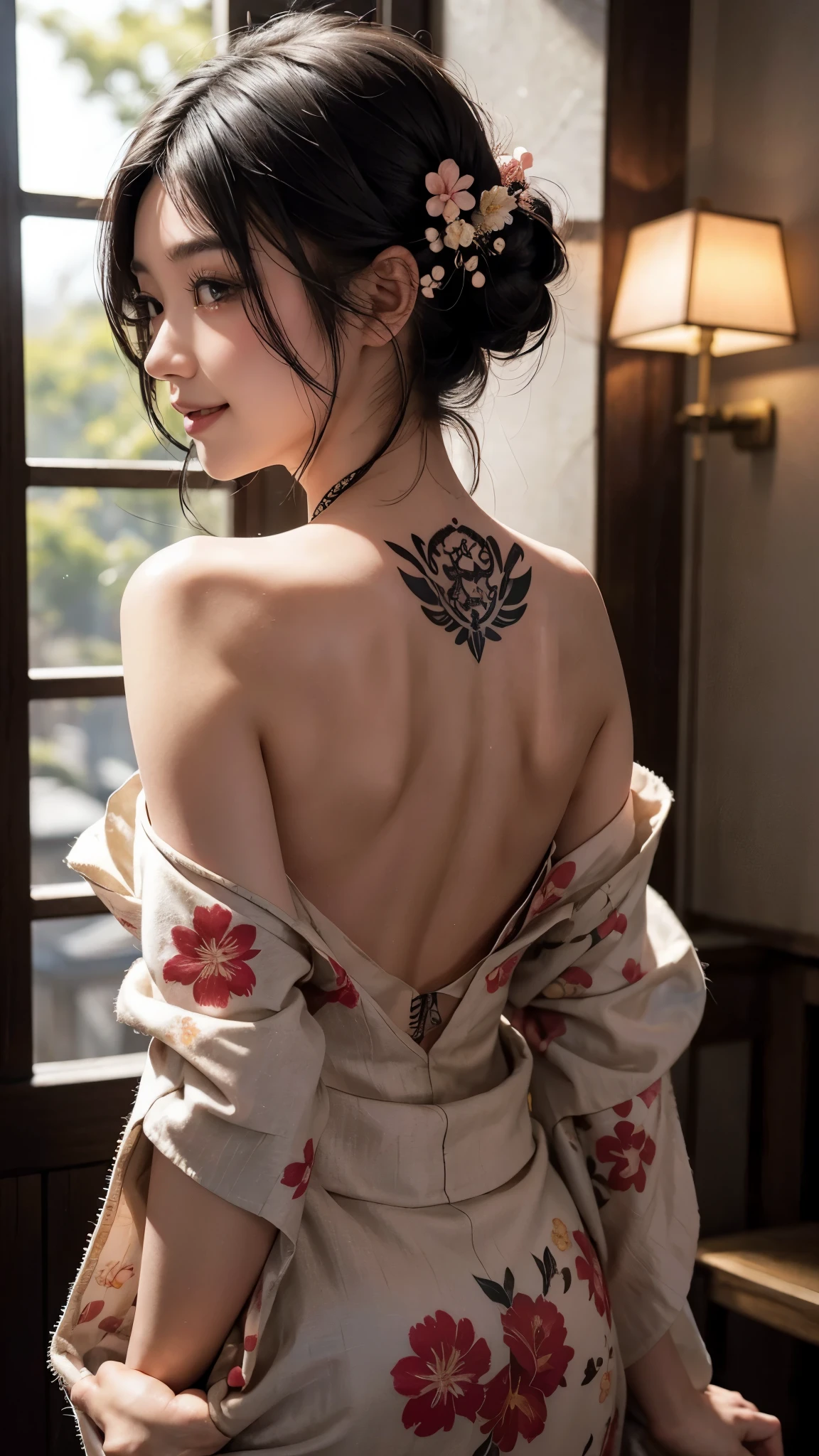 Japanese  girl, floral kimono, exposed shoulders, from behind, beautiful face, thick eyelashes, glossy eyes, black hair, cute smile, dark eyeshadow, shoulders tattoos, back tattoos, floral decoration in hair, falling petals, beautifully backlit, wideshot