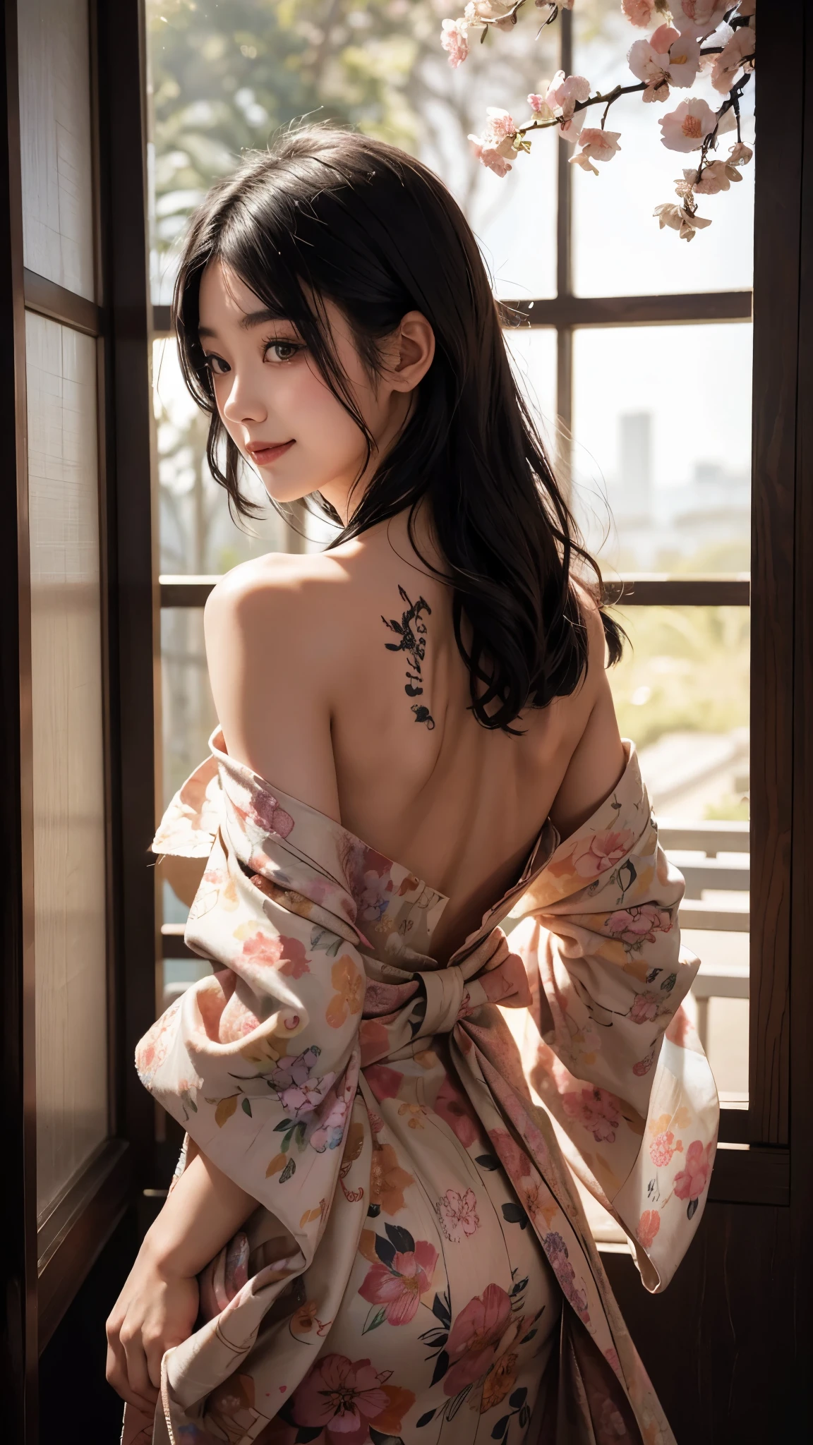 Japanese age girl, floral kimono, exposed shoulders, from behind, beautiful face, thick eyelashes, glossy eyes, black hair, cute smile, dark eyeshadow, shoulders tattoos, back tattoos, floral decoration in hair, falling petals, beautifully backlit, wideshot