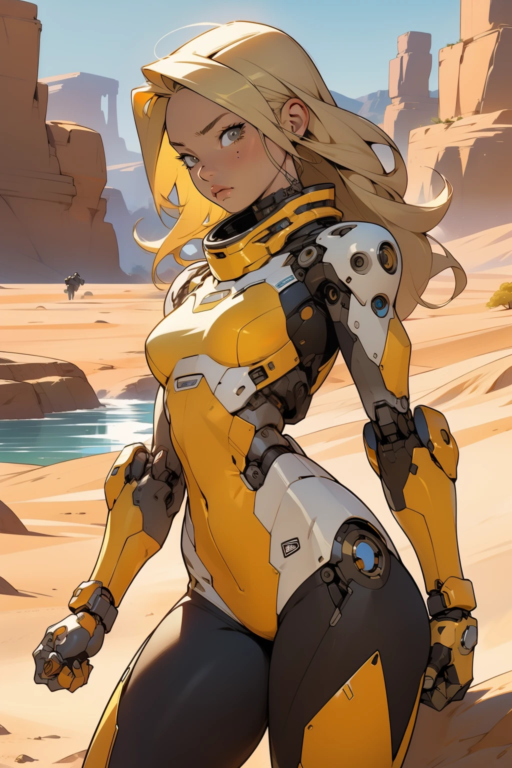high quality, 4k, masterpiece, beautiful, cyborg girl, cowboy shot, dull eyes, front, looking at viewer, long blonde hair, girl, small breasts, fit thighs, robotic arms, robotic body, cyborg body, white & yellow uniform, orange accent, intricate detail, joint, detailed lines, robotic detail, holding fist up, holding hand up as fist, color robotic parts, robotic parts with color, perfect fingers, on a desert planet, sunny background, colorful desert, a river or a lake in the background, slender thighs, skinny thighs,