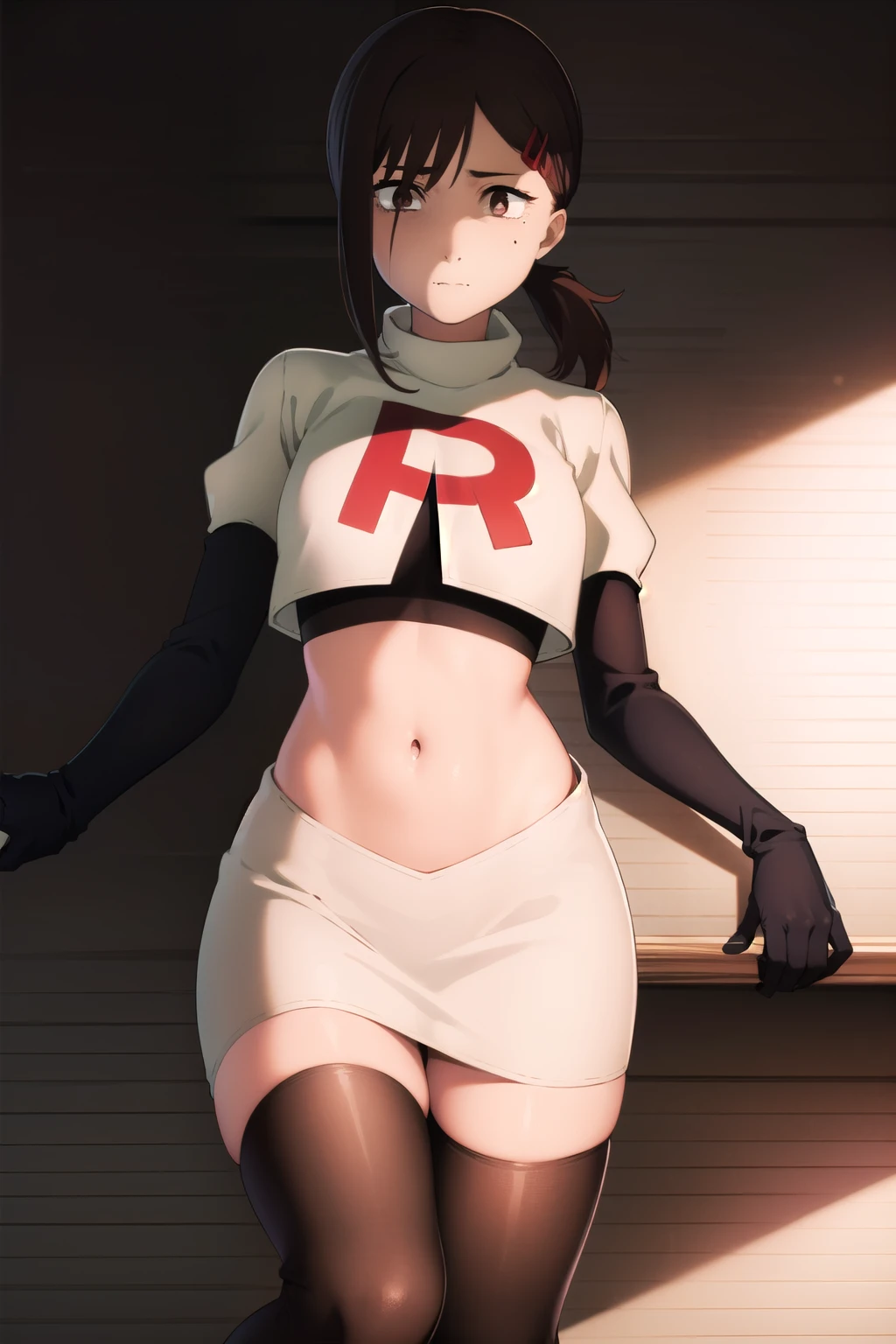 kobenihigashiyama, kobeni higashiyama, black hair, hair ornament, hairclip, mole, mole under eye, ponytail, short hair, (brown eyes:1.5),
BREAK team rocket,team rocket uniform,white skirt,red letter R,crop top,black thigh-highs,black elbow gloves,
BREAK looking at viewer,
BREAK (masterpiece:1.2), best quality, high resolution, unity 8k wallpaper, (illustration:0.8), (beautiful detailed eyes:1.6), extremely detailed face, perfect lighting, extremely detailed CG, (perfect hands, perfect anatomy),