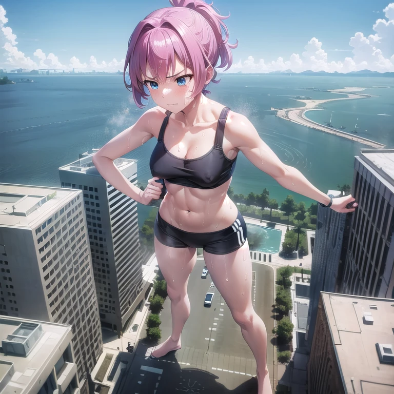 giantess, Only one girl, push ups, put your hands on the ground, all fours, Exercising, (((character standing on a mountain top next to a city))), ((Super huge high school girl bigger than a city)), Pleasure, Trying to crush a miniature metropolis, blue eyes, ((destroyed city)), Wearing pink sportswear that shows off her cleavage, Wear black yoga pants underneath, erect nipples, stomach, navel, Long legs, Tightens abs, No chest leakage, crash city, tiny city, micro city, skinny pants, gym room, big assa, city, ((Sweat)), (((Falling sweat))), giga giantess, huge craters, Woman crushing a building, ravines, cracks in the ground, earthquak, null, blue sky, City, shiranui_kantaicollection, pink_hair, short_hair, ponytail, blue_eyes, ((Background on the street)), first-person view, first-person view, anime, first-person view, anime, best quality, masterpiece, highres