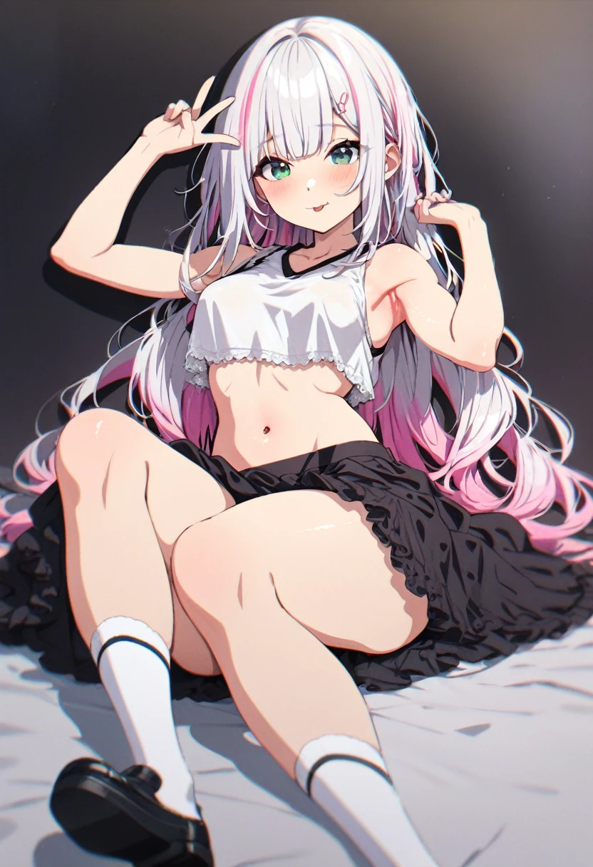 (masterpiece, highest quality:1.2), 1 girl, alone, long hair, tank top, pink fluffy skirt, blue-green eyes, medium breasts, exposed legs, black shoes, tongue out, white knee socks, white lace panties, thick thighs, white hair, seductive smile, blushing, toned legs, toned stomach, smooth armpit, hand showing peace sign with fingers, dry clothes, multi-colored hair white and light pink, pink highlights on hair bottom half only, white bangs, solid black skirt, knee length skirt, no frills on skirt