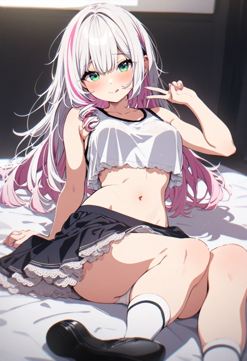 (masterpiece, highest quality:1.2), 1 girl, alone, long hair, tank top, pink fluffy skirt, blue-green eyes, medium breasts, exposed legs, black shoes, tongue out, white knee socks, white lace panties, thick thighs, white hair, seductive smile, blushing, toned legs, toned stomach, smooth armpit, hand showing peace sign with fingers, dry clothes, multi-colored hair white and light pink, pink highlights on hair bottom half only, white bangs, solid black skirt, knee length skirt, no frills on skirt