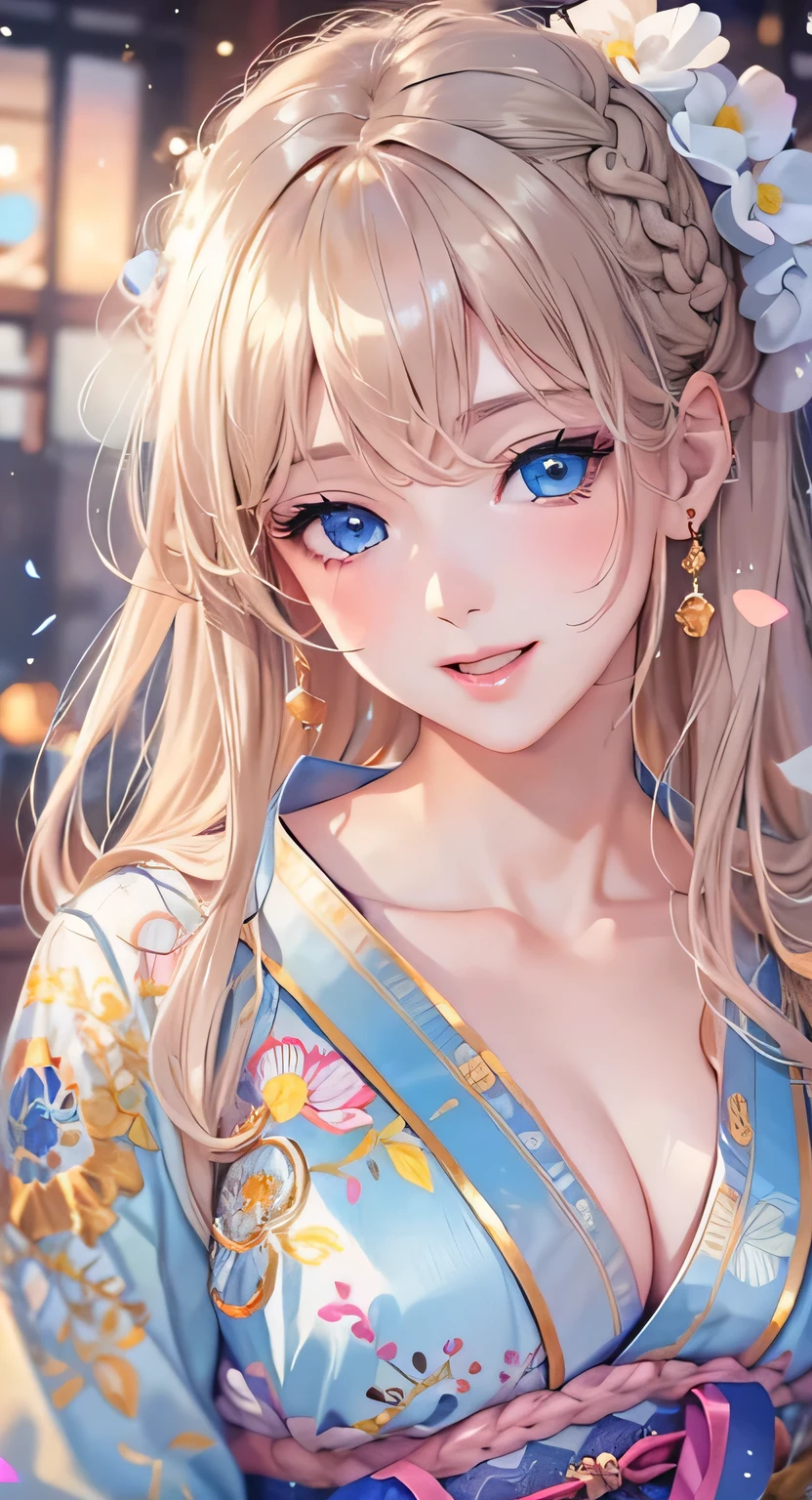 ((highest quality)), ((masterpiece)), (Get used to it), Perfect Face , masterpiece、highest quality、High resolution、High-quality images、8k, 1 female、Skin Radiance、Texture of skin and clothing、Expression of fine eyes、Shiny bright golden hair,Girl with long braided hair, Manga inspired by Lee Jong-suk, Trending on deviantart, realism, detailed manga style, Manga art style, Perfect Line Drawing, Beautiful line art, digital manga art girl, K-POPアイドル, Beautiful Blue Eyes, Fuller lips, Gorgeous face with attention to detail, (Cute Smile), charm, Innocent, Side view, (Perfectly detailed face), (Beautiful Hands) Photorealistic images, Written boundary depth, 20th Generation ,beautiful girl , hair ornaments , yukata , Large Breasts , protruding shoulders , I can see her cleavage , night , Summer festival in the background ,