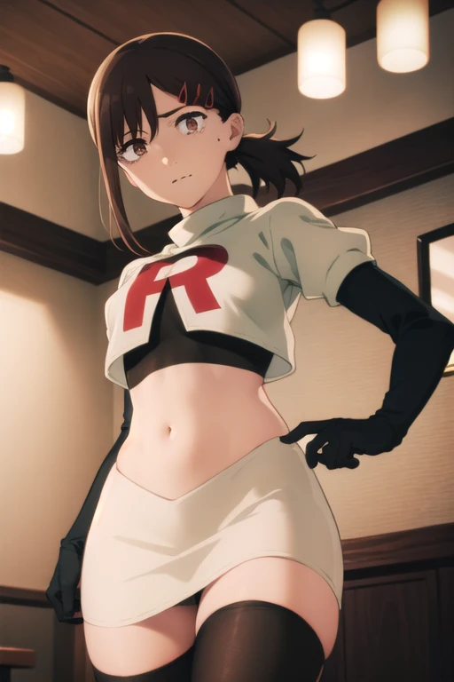 kobenihigashiyama, kobeni higashiyama, black hair, hair ornament, hairclip, mole, mole under eye, ponytail, short hair, (brown eyes:1.5),
BREAK team rocket,team rocket uniform,white skirt,red letter R,crop top,black thigh-highs,black elbow gloves,
BREAK looking at viewer,
BREAK (masterpiece:1.2), best quality, high resolution, unity 8k wallpaper, (illustration:0.8), (beautiful detailed eyes:1.6), extremely detailed face, perfect lighting, extremely detailed CG, (perfect hands, perfect anatomy),