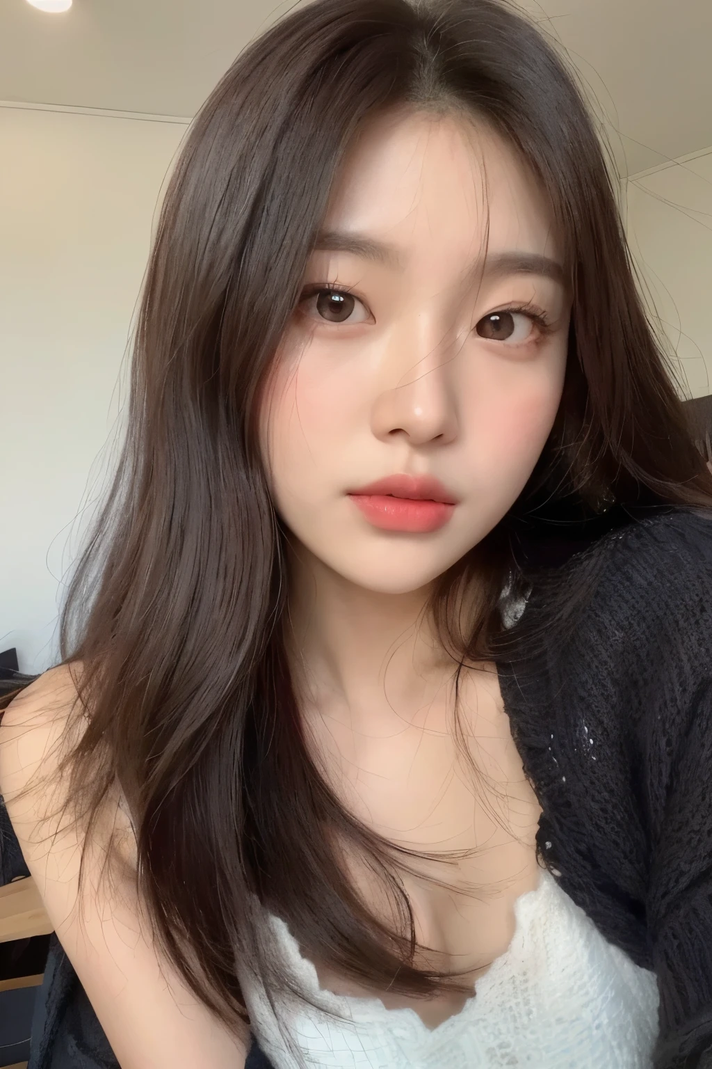 arafed asian woman with long hair and a black sweater, young adorable korean face, wan adorable korean face, young cute wan asian face, gorgeous young korean woman, korean girl, ulzzang, with round face, beautiful young korean woman, beautiful south korean woman, jaeyeon nam, 🤤 girl portrait, girl cute-fine-face, korean face features