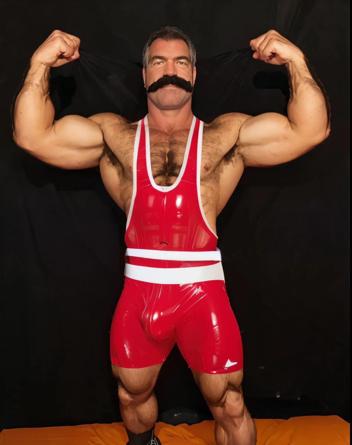full body portrait, strong burly hairy mature older man(space captain), wearing futuristic captain's uniform insignia (neon and black) (open and revealing) (latex) , gray hair, broad shoulders, round belly, thick feet, bulging micro thong, barefoot, scifi spaceship captain uniform, neon lights, best quality elegant masterpiece, face looks like Tom Selleck (Magnum PI) , military buzzcut, dark mustache, gray stubble, latex, wearing a latex thong, big bulging crotch, futuristic gear equipment, wearing see through plastic chest armor (neon yellow and electric blue), wearing neon yellow see through chest armor, wearing electric blue latex chaps(see-through) , wearing cool neon sneakers,in spaceship cockpit, lying in spaceship sleeping quarters(bed) (view from above), smiling with teeth showing, nicebulge, waiting in bed, glowing armor, legs up(!) and spread(!) , big muscle ass, wet and dripping ass, visible asshole(!) , wet asshole, hairy pecs, thick long legs, silver hair