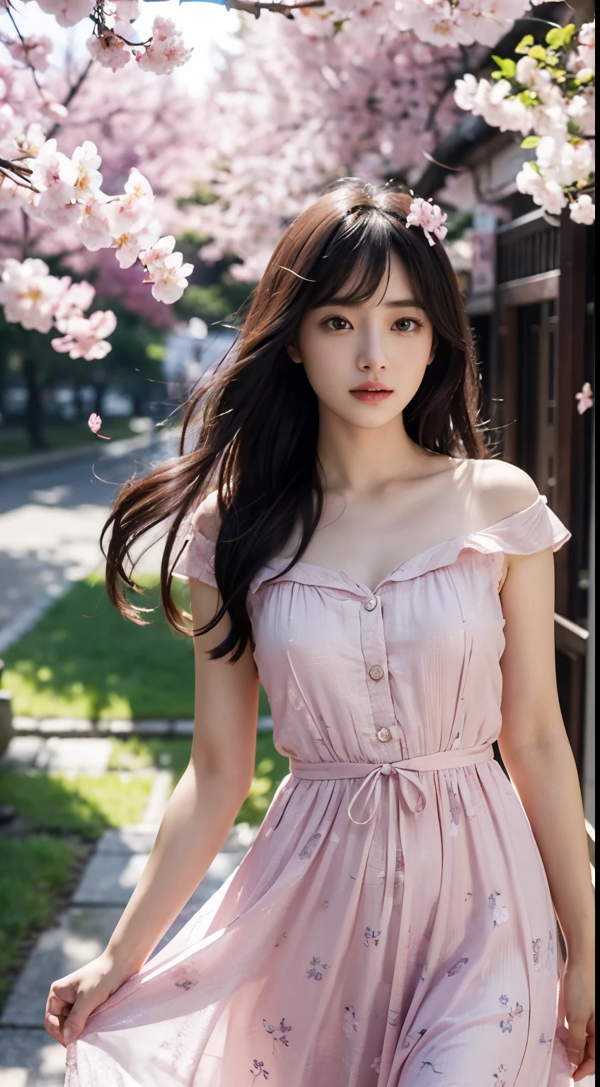 (logo、masterpiece、8k、Tabletop、RAW Photos、wonderful、最high quality、フォトリアリスティックでVery detailedな CG 統合 8k 壁紙、high quality、Very detailed、Narrative poem、Particle Effects、Dynamic Effects、Written boundary depth、Cinematic Light、Lens flare、Ray Tracing)、Fantasy、 (One beautiful woman、dress、dress、Cherry blossom pattern、Black-haired、Beautiful Face、True Face、Beautiful details、eye、Beautiful Skin)、髪がWindで踊る、Hair flutters in Wind、Hair bounces、Pink cherry blossom tree、Petals fluttering、SakuraFubuki、wonderful景色、sunrise、Sun in the background、Wind、