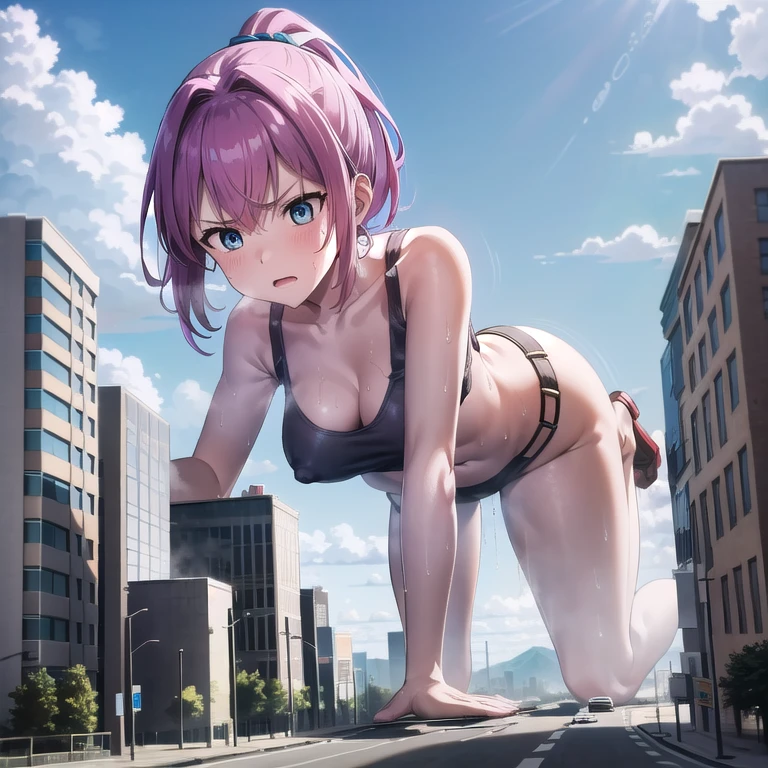 giantess, Only one girl, push ups, put your hands on the ground, all fours, Exercising, (((character all fours on a mountain top next to a city))), ((Super huge high school girl bigger than a city)), Pleasure, Trying to crush a miniature metropolis, blue eyes, ((destroyed city)), Wearing pink sportswear that shows off her cleavage, Wear black yoga pants underneath, erect nipples, stomach, navel, Long legs, Tightens abs, No chest leakage, crash city, tiny city, micro city, skinny pants, gym room, big assa, city, ((Sweat)), (((Falling sweat))), Thighs, giga giantess, huge craters, Woman crushing a building, ravines, cracks in the ground, earthquak, null, blue sky, City, shiranui_kantaicollection, pink_hair, short_hair, ponytail, blue_eyes, ((Background on the street)), (((The Girl Who Crushes the City))), first-person view, first-person view, anime, first-person view, anime, best quality, masterpiece, highres