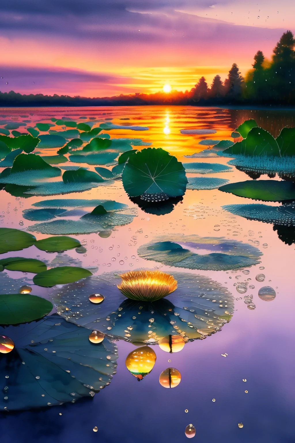 Water raindrops delicately cascade down fern leaves, forming intricate patterns as the sun sets in the backdrop. The vibrant hues of orange, pink, and purple paint the sky, casting a warm and serene glow over the scene. Each droplet reflects the sunset's beautiful colors, adding to the mesmerizing display of nature's beauty in high definition, ultra-detailed 8k resolution. The raindrops' crystal-clear reflections, combined with the sunset's dynamic lighting, create a breathtakingly realistic scenery reminiscent of Monet's Water Lilies masterpiece. ((Watercolor painting)), ((Impressionistic style)), ((V