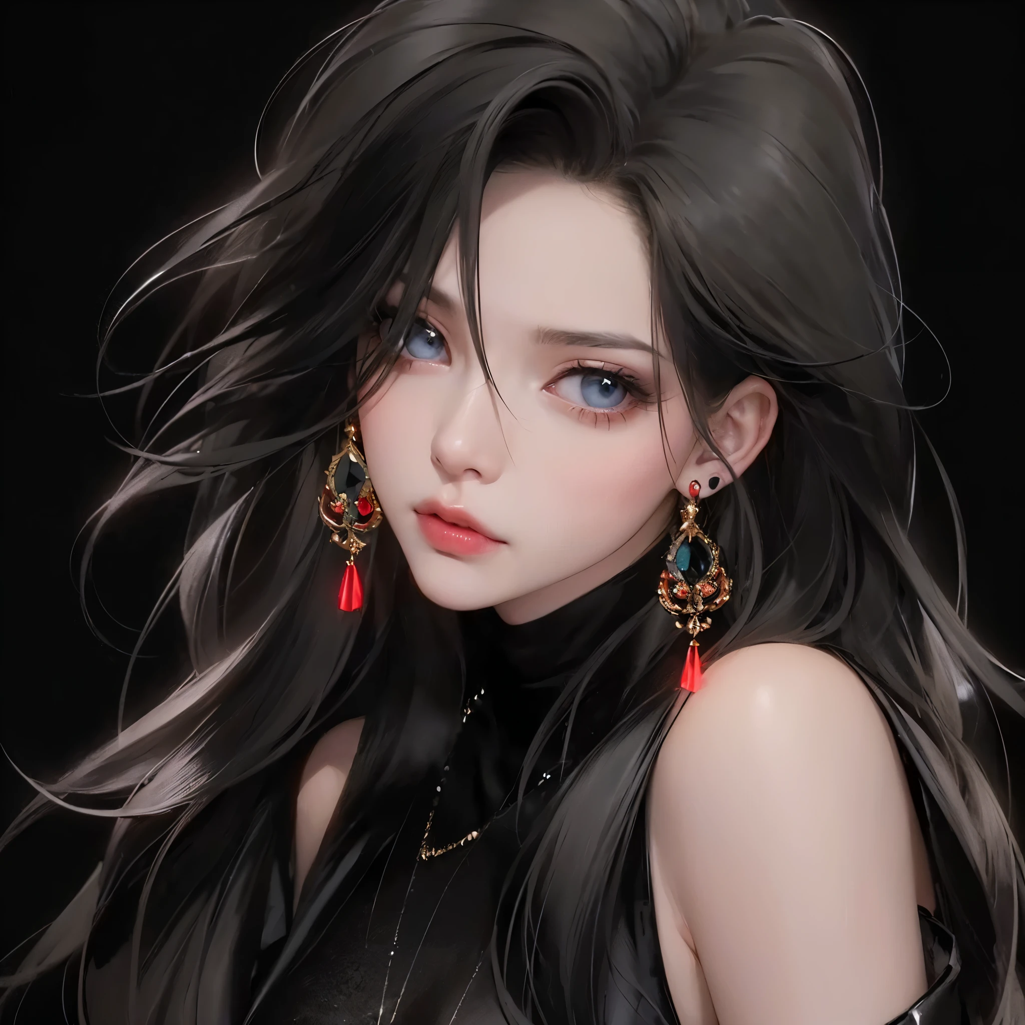 (Tabletop, Digital Art, Digital illustration, 4K, 8K, Ultra-detailed, Beautiful images, Clear images, Realistic, RAW Photos, Perfect Face, Perfect Lines, Perfect Eyes, Soft lighting) ,1 female, (Long black hair,Split bangs、Bullish gaze,Beauty,closed mouth,smirk,Mature,(slender,),White skin,23-year-old female,:1.3),Glossiness、Glossiness、Lip gloss、red crystal jewelry