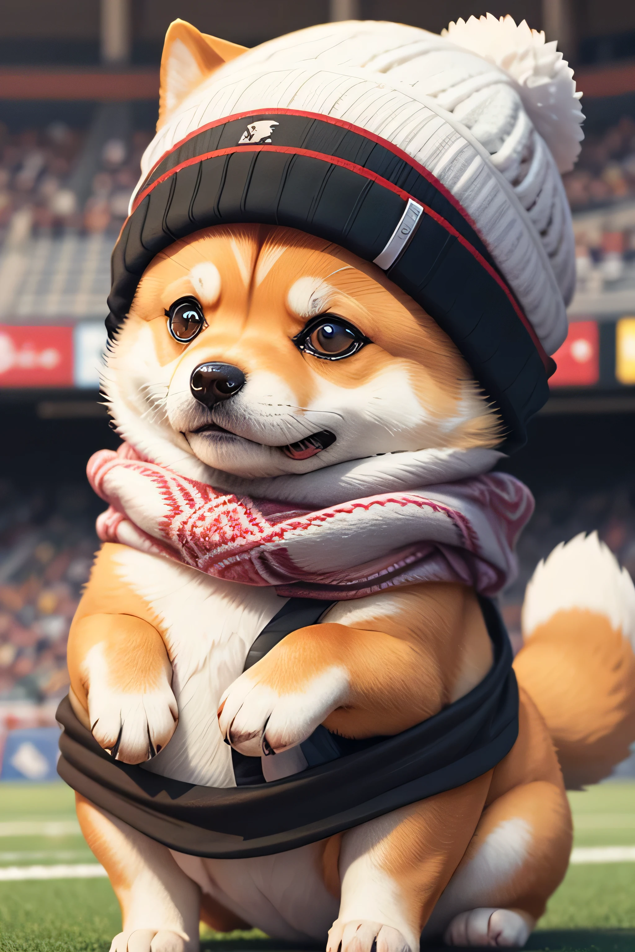 anime character with a beanie hat and scarf on a sticker, big beanie hat, bigger hat, wholesome digital art, anthropomorphic shiba inu, doge meme, inspired by Shiba Kōkan, doge, old internet art, shiba inu portrait, awwwww, wholesome, nft portrait, shiba inu, older brother vibes, telegram sticker design, lofi art, many dogs are playing soccer in a large stadium, with many people watching