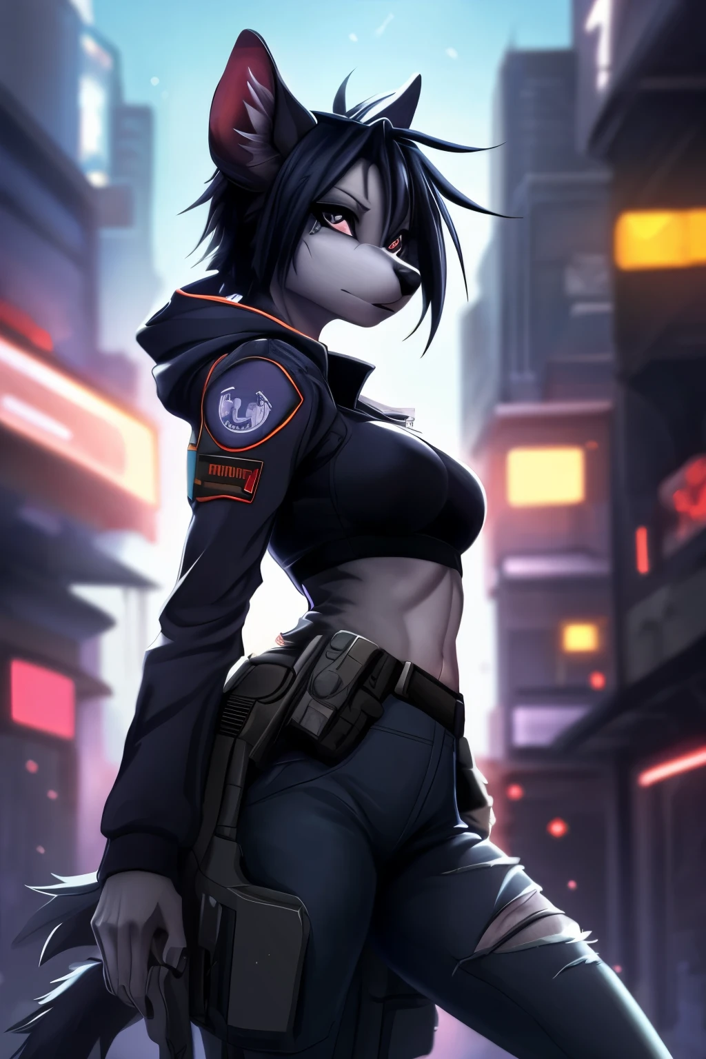 shenzi, antro femenino peludo, hyena girl, cuerpo completo, (chaqueta),  ribete de piel, solo, (pelaje del cuerpo:1.2), (mejor calidad), Makoto shinkai, overwatch, (fondo urbano detallado:1.2), dramatic lighting, (pelaje esponjoso detallado:1.1), mirando al espectador,  pechos medianos, pose sexy, modelo, provocativa, commission, arte furry 