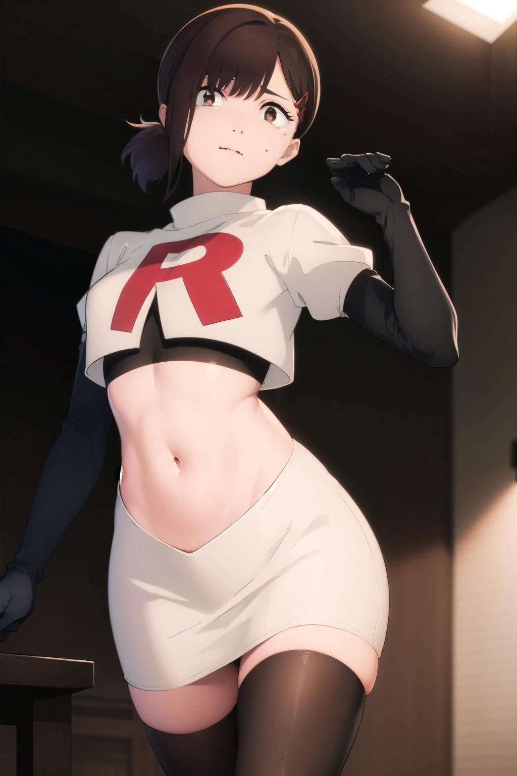 kobenihigashiyama, kobeni higashiyama, black hair, hair ornament, hairclip, mole, mole under eye, ponytail, short hair, (brown eyes:1.5),
BREAK team rocket,team rocket uniform,white skirt,red letter R,crop top,black thigh-highs,black elbow gloves,
BREAK looking at viewer,
BREAK (masterpiece:1.2), best quality, high resolution, unity 8k wallpaper, (illustration:0.8), (beautiful detailed eyes:1.6), extremely detailed face, perfect lighting, extremely detailed CG, (perfect hands, perfect anatomy),