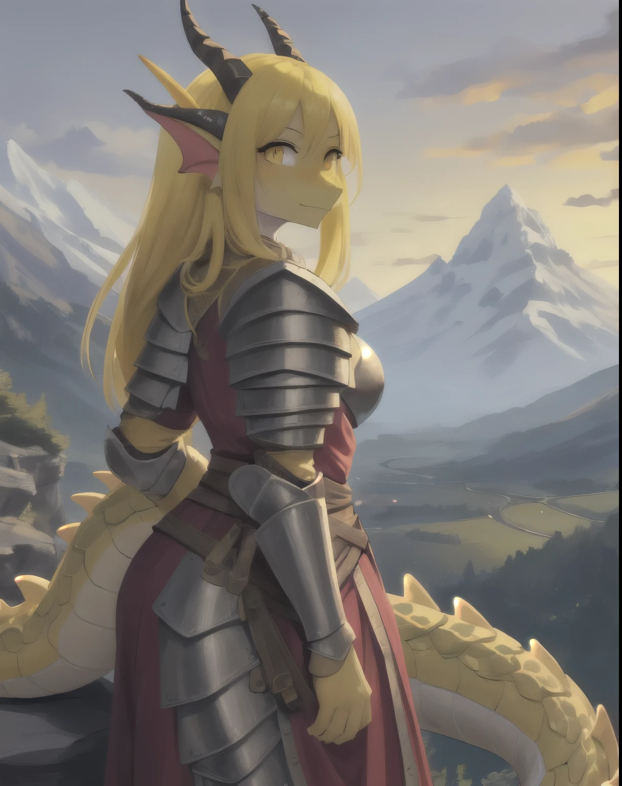 1girl, (Feminine), curvy body, solo, masterpiece, mountain, scenery, (dragon girl:1.2), dragon, yellow scales, yellow hair, dragon horns, dragon tail, yellow eyes, slit pupils, (scales, scalie:1.2), (wearing light medieval armor)