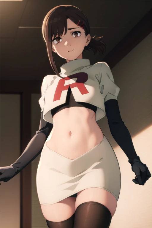 kobenihigashiyama, kobeni higashiyama, black hair, hair ornament, hairclip, mole, mole under eye, ponytail, short hair, (brown eyes:1.5),
BREAK team rocket,team rocket uniform,white skirt,red letter R,crop top,black thigh-highs,black elbow gloves,
BREAK looking at viewer,
BREAK (masterpiece:1.2), best quality, high resolution, unity 8k wallpaper, (illustration:0.8), (beautiful detailed eyes:1.6), extremely detailed face, perfect lighting, extremely detailed CG, (perfect hands, perfect anatomy),
