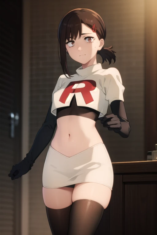 kobenihigashiyama, kobeni higashiyama, black hair, hair ornament, hairclip, mole, mole under eye, ponytail, short hair, (brown eyes:1.5),
BREAK team rocket,team rocket uniform,white skirt,red letter R,crop top,black thigh-highs,black elbow gloves,
BREAK looking at viewer,
BREAK (masterpiece:1.2), best quality, high resolution, unity 8k wallpaper, (illustration:0.8), (beautiful detailed eyes:1.6), extremely detailed face, perfect lighting, extremely detailed CG, (perfect hands, perfect anatomy),