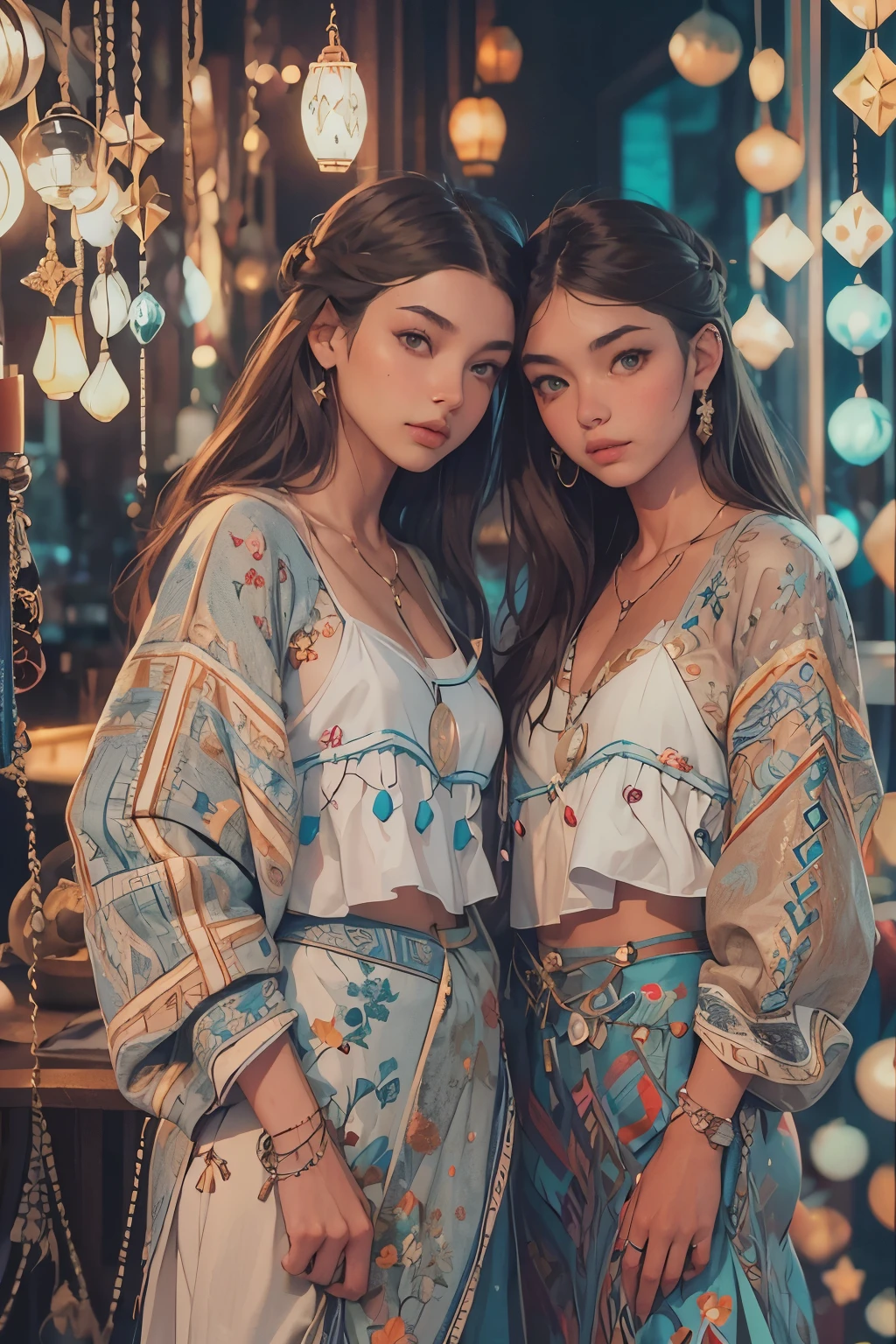 ((best quality)), ((masterpiece)), (detailed), perfect face, 2 women, Twins, colorful lights, Madison Beer, without makeup, Profile picture, Use Instagram Filters, Subtle soft and dim light, perfect face, julia sardinian, perfect hands, Random Actions, Full-body view,
