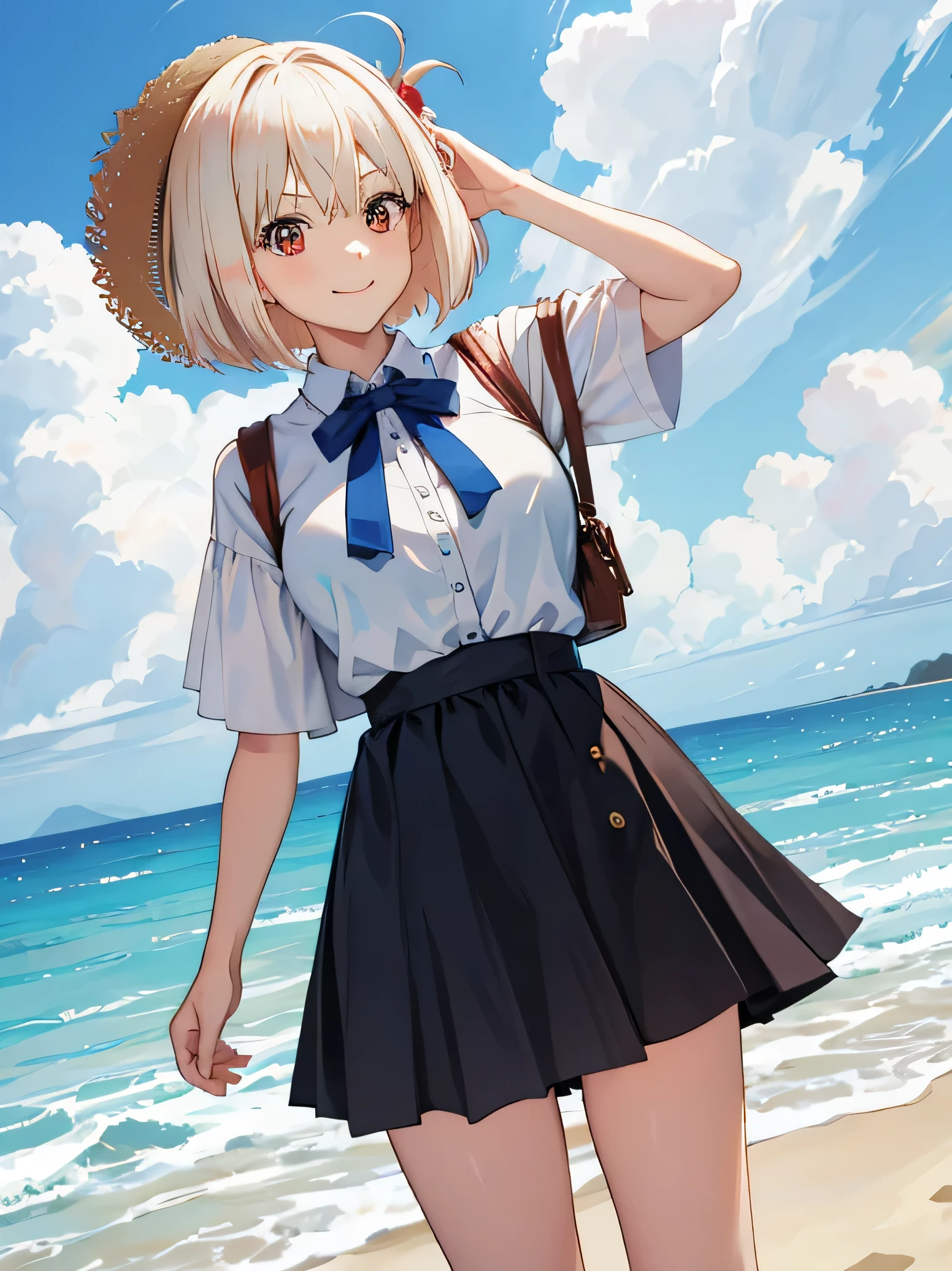 ​masterpiece, top-quality, Chisato Nishikiki、Standing picture、Platinum Blonde Hair、Anime girl with red eyes,bob cuts,Anime visuals of cute girls,Smooth Anime、an anime girl、Bikini with blue、、a straw fedora hat、Beach、mare、Staring at this、frontage、A smile、Fold your hands behind your back