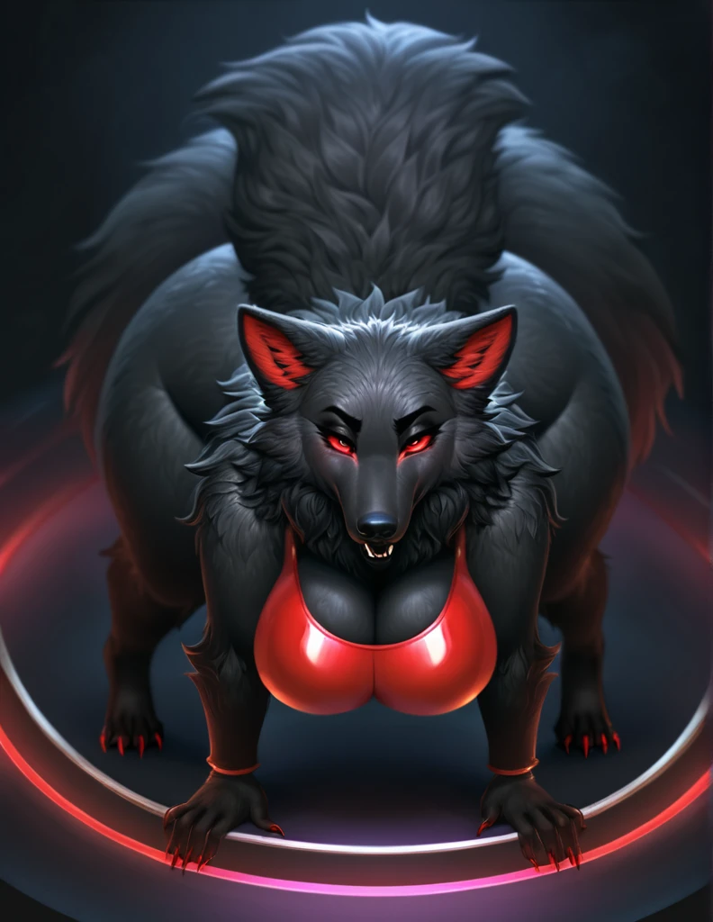 highly detailed, high quality, masterpiece, beautiful, (full shot, front view), dommy mommy, tall, voluptuous, large athletic female wolf, black fur, totally dark fur, white tribal markings thighs, red inner ear, ears a little long, red one piece swimsuit latex, cleavage overflow, busty, feet, 5 toes, toe claws, red claws, detailed feet, wide hips, curvy figure, curvaceous, fingers, smooth fur, long fur face, thick thighs, large thighs, wolf tail, fluffy tail, wide and long snut, long wolf's mane, red eyes, black clera, narrow eyes, curved eyebrows, thick eyebrows, black leaves, standing, Stretched legs, bent over, face down ass up, leaning slightly towards the viewer, hands on own ankles, Mocking Look, pleasure face, horny, in a space ship