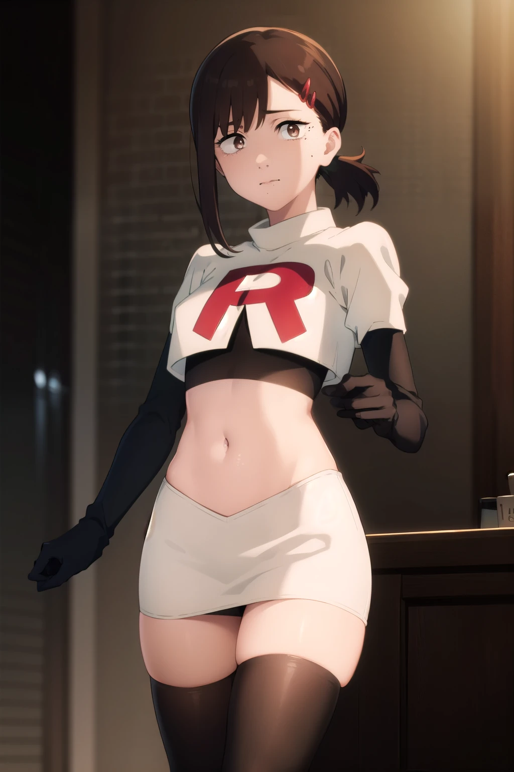 kobenihigashiyama, kobeni higashiyama, black hair, hair ornament, hairclip, mole, mole under eye, ponytail, short hair, (brown eyes:1.5),
BREAK team rocket,team rocket uniform,white skirt,red letter R,crop top,black thigh-highs,black elbow gloves,
BREAK looking at viewer,
BREAK (masterpiece:1.2), best quality, high resolution, unity 8k wallpaper, (illustration:0.8), (beautiful detailed eyes:1.6), extremely detailed face, perfect lighting, extremely detailed CG, (perfect hands, perfect anatomy),