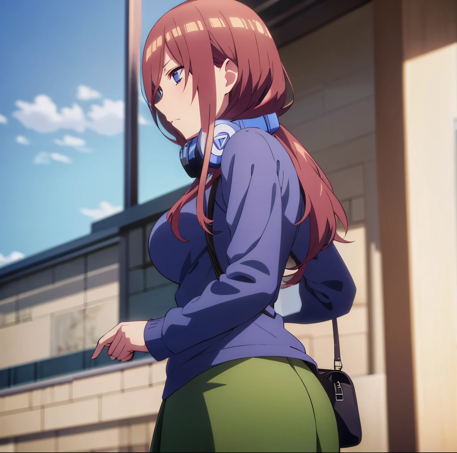 1 girl, alone, Miku Nakano, long hair, brown hair, blue eyes, blue headphones, headphones around neck, blue sweater, black bag, bag hanging on right shoulder, green skirt, skirt up, showing underwear, underwear black, black thong, big breasts, medium waist, wide thighs, firm and round butt