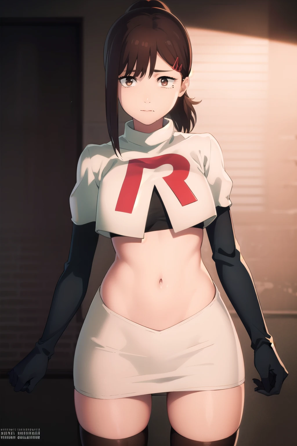 kobenihigashiyama, kobeni higashiyama, black hair, hair ornament, hairclip, mole, mole under eye, ponytail, short hair, (brown eyes:1.5),
BREAK team rocket,team rocket uniform,white skirt,red letter R,crop top,black thigh-highs,black elbow gloves,
BREAK looking at viewer,
BREAK (masterpiece:1.2), best quality, high resolution, unity 8k wallpaper, (illustration:0.8), (beautiful detailed eyes:1.6), extremely detailed face, perfect lighting, extremely detailed CG, (perfect hands, perfect anatomy),