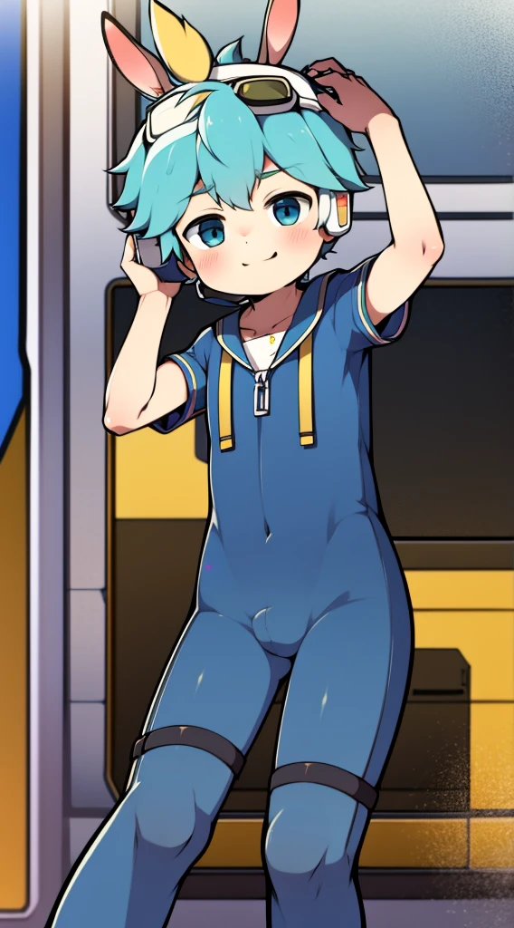 2D Boy Shota，One-piece mountaineering suit，Slim, healthy body，Put the headphones on your head，stand up，goggles，Rabbit ears，happy，Sailor collar，Lovely，Love