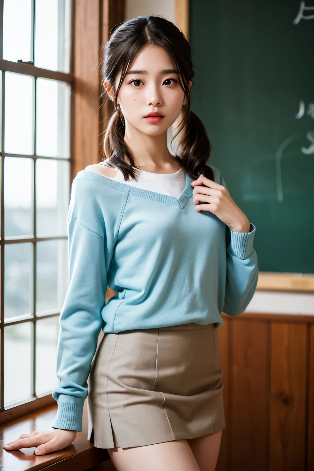 Upper Body、Knee Shot、Great dress、(jacksonville:1.5)、Close-up、masterpiece、highest quality、Raw photo、Photorealistic、face、Incredibly ridiculous、beautiful girl、cute、short hair、Depth of written boundary、High resolution、Ultra Detail、Fine details、Very detailed、Very detailed目とface、Sharp pupils、Realistic pupil、Sharp focus、Cinematic lighting、One Girl、highest quality、Realistic、Photorealistic、Very sophisticated、Very delicate and beautiful whole body、[cute、ribbon] 、school settings：1.3]、brown hair、Brown eyes、Small Head、Beautiful Eyes、Small breasts、素face、Realistic Skin、Fine grain、細かいface、Features of fine clothing（school uniform：1.3）、（Shoulder-ponytail length: 1.3) Dynamic pose、A pose staring at the viewer、詳細なfaceと胸