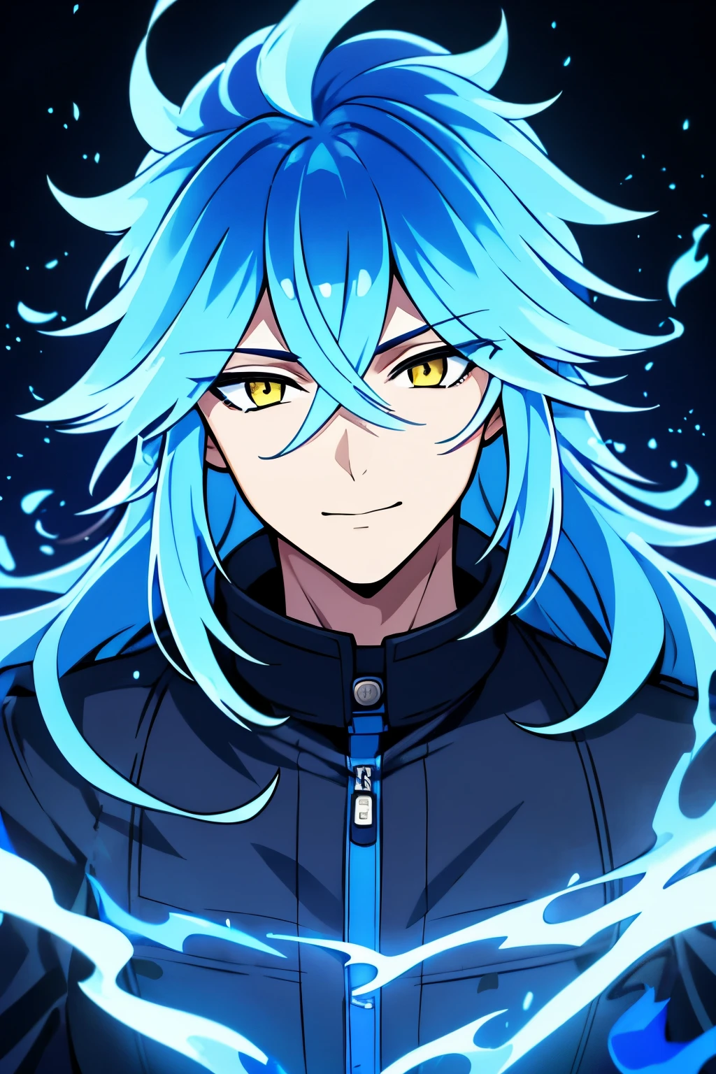 (high-quality, breathtaking),(expressive eyes, perfect face) portrait, halfbody shot, 1boy, male, solo, teenager, Symmetrical Eyes, age 16, yellow color eyes, long hair length, spiky flowy hair, soft smile, side bangs, looking at viewer, happy expression, blue hair color, modern clothing, black background, blue flame hair, blue fire, Idia Shroud character, hair on fire, blue flame like hair, black fluffy jacket, blue trim, blue embers in background, blue fire in background, glowing hair
