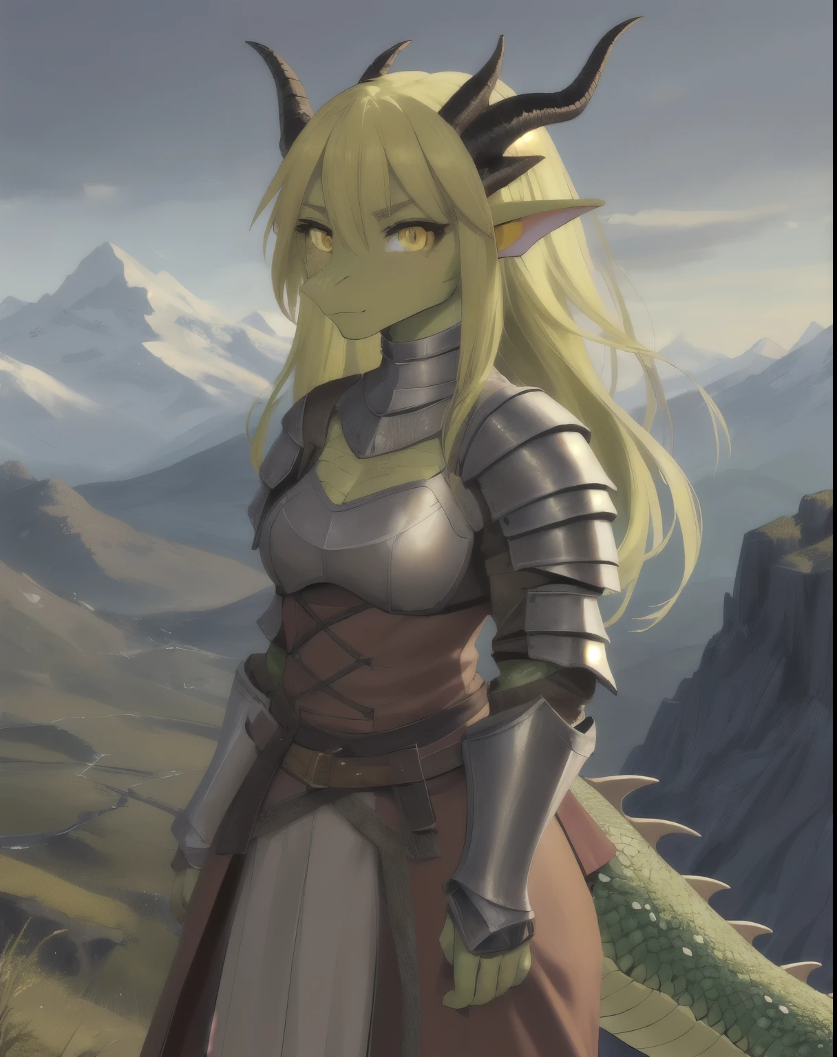 1girl, (Feminine), curvy body, solo, masterpiece, mountain, scenery, (dragon girl:1.2), dragon, yellow and green scales, yellow hair, dragon horns, dragon tail, yellow eyes, slit pupils, (scales, scalie:1.2), (wearing light medieval armor)