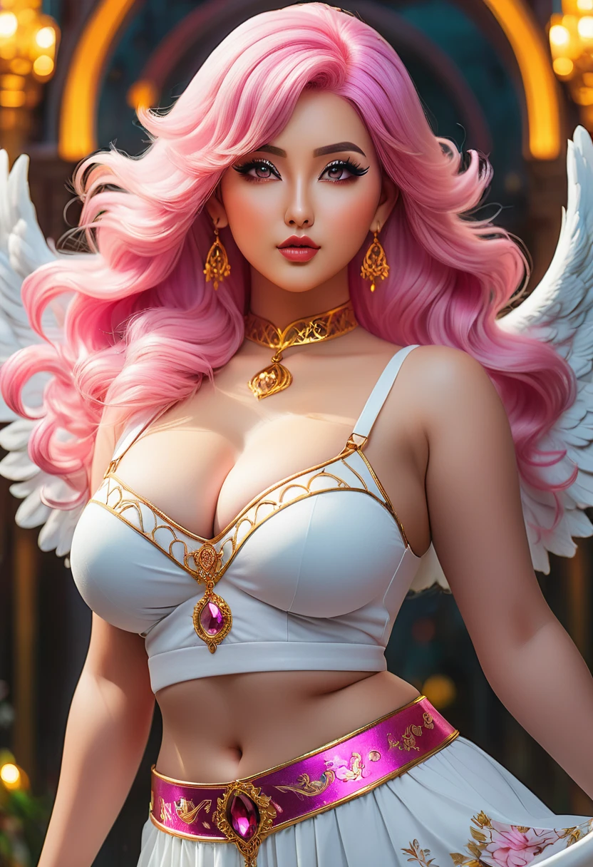 In a mesmerizingly portrayal, a women thick busty curvy and well proportional, a glam-goth goddess angel her Age 28, clean skin, midriff, pink hair, trending on cgsociety, epic, trending on artstation, highly detailed, vibrant, production cinematic character render, ultra-high-quality model, golden ratio manhwa, manhua, detailed eyes, background mysterious, does not produce same dress ,image when remixed.